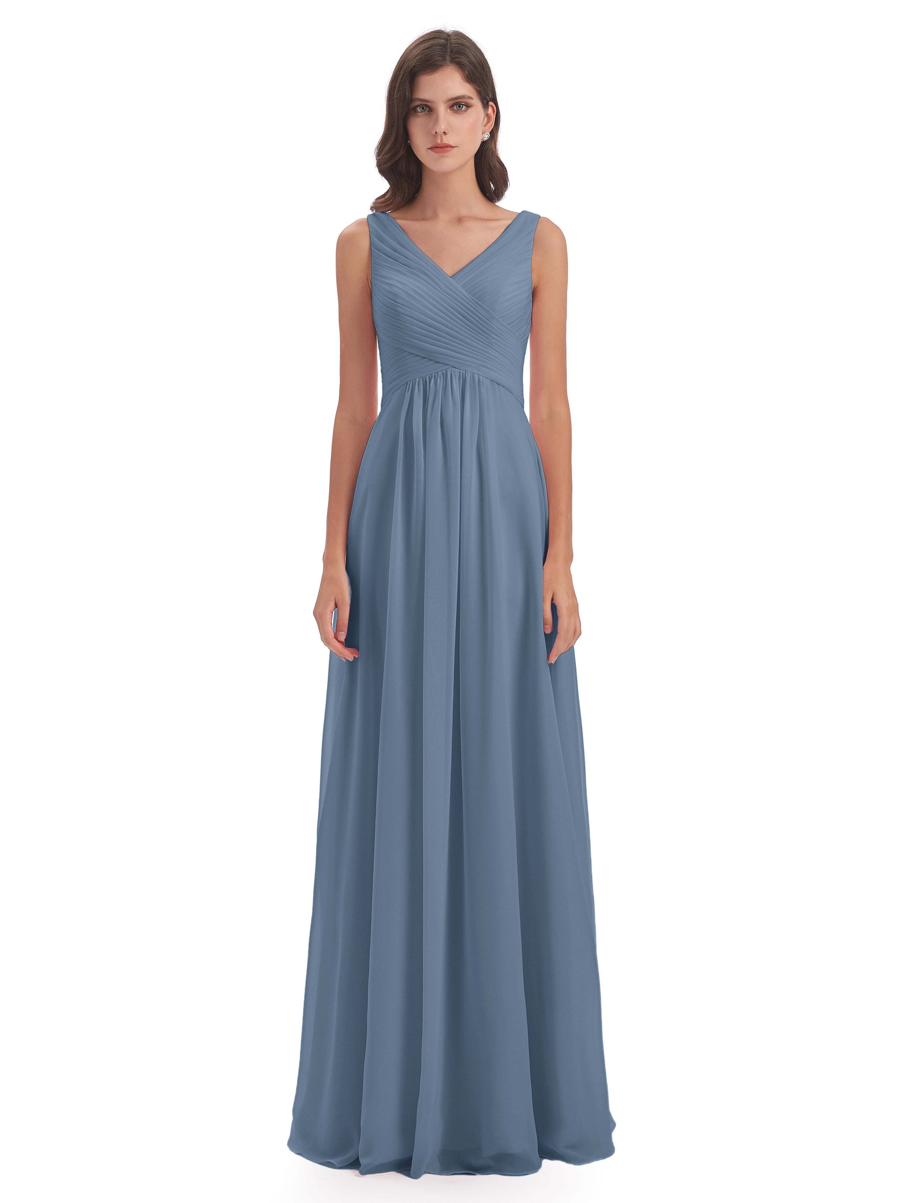 Robes De Demoiselle D'Honneur Bleu De Schiste Col V Bretelle Mousseline Robes Demoiselle D'Honneur