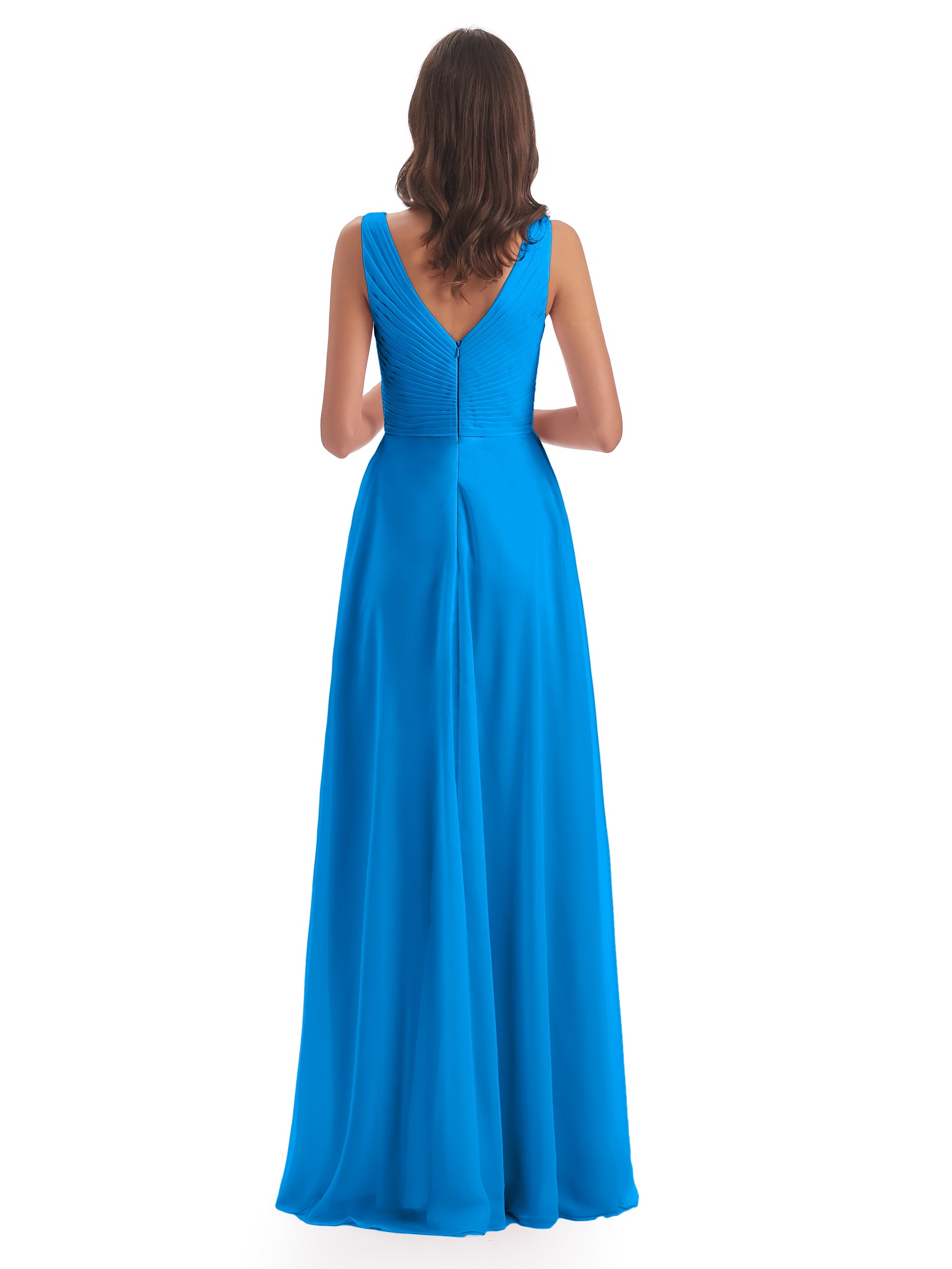 Robes De Demoiselle D'Honneur Bleu Océan Col V Bretelle Mousseline Robes Demoiselle D'Honneur