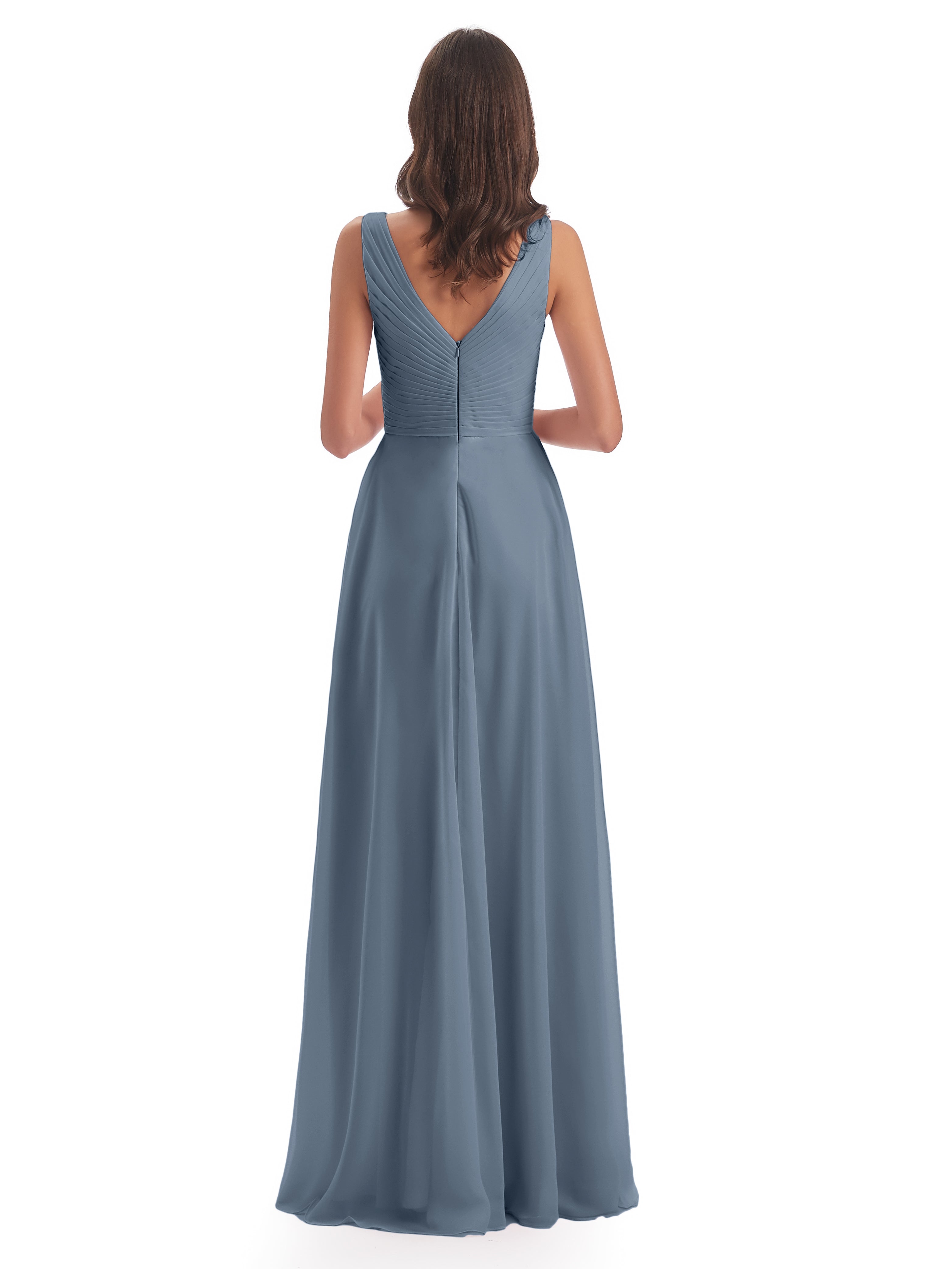 Robes De Demoiselle D'Honneur Bleu Gris Col V Bretelle Mousseline Robes Demoiselle D'Honneur