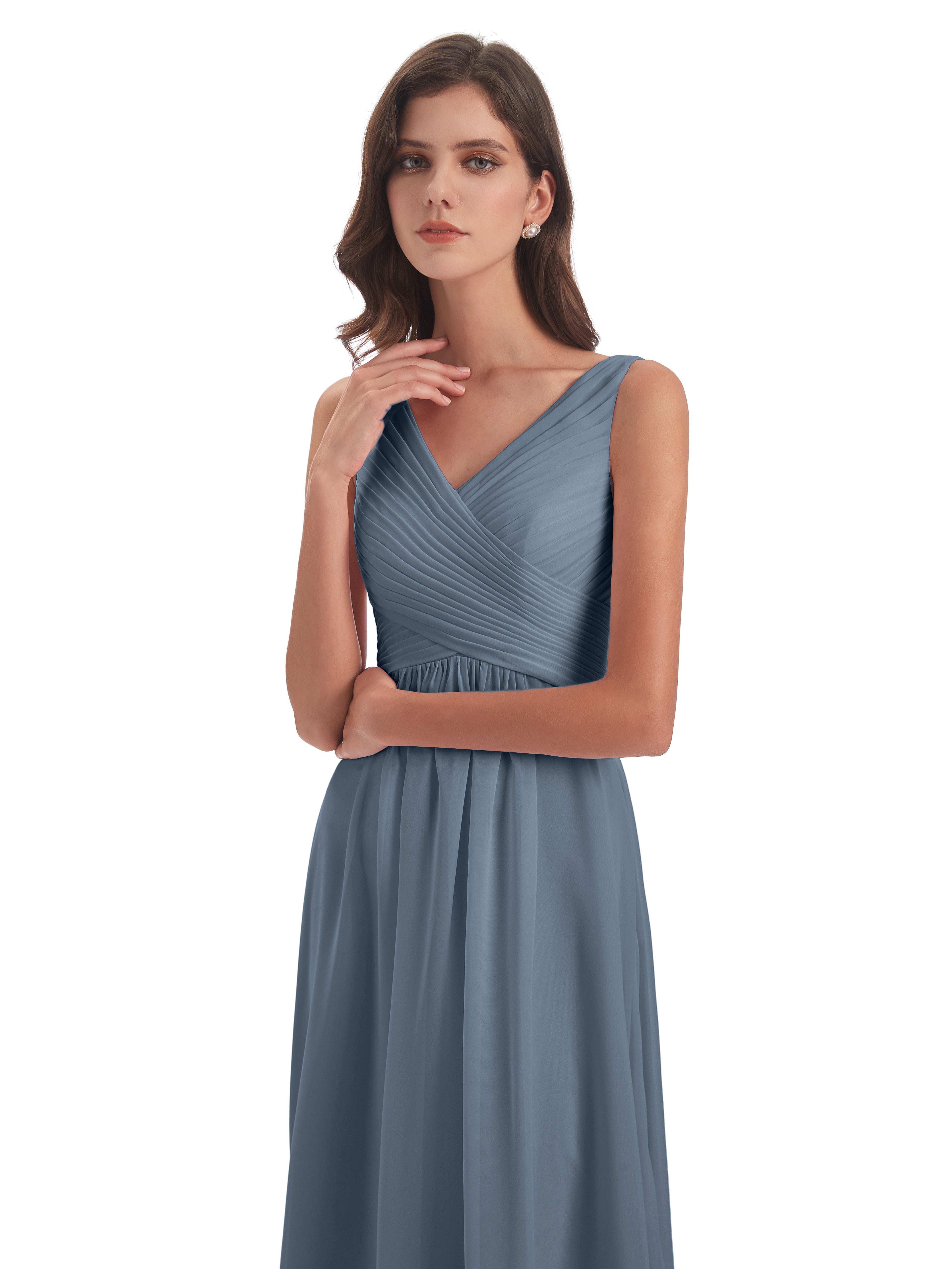 Robes De Demoiselle D'Honneur Bleu Gris Col V Bretelle Mousseline Robes Demoiselle D'Honneur
