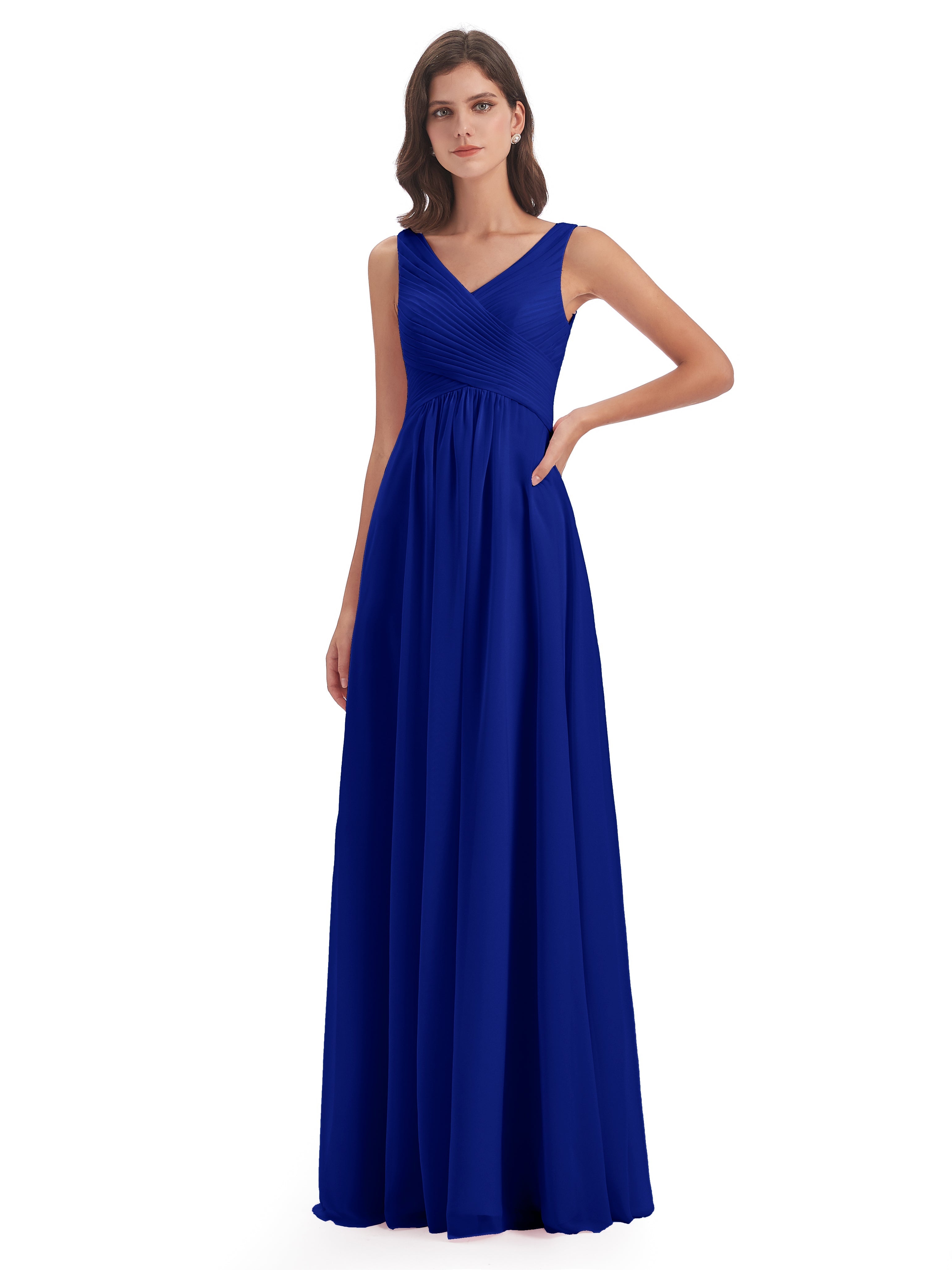 Mariage Robe Demoiselle D Honneur Bleu Roi Col V Bretelle Mousseline Robes Demoiselle D'Honneur