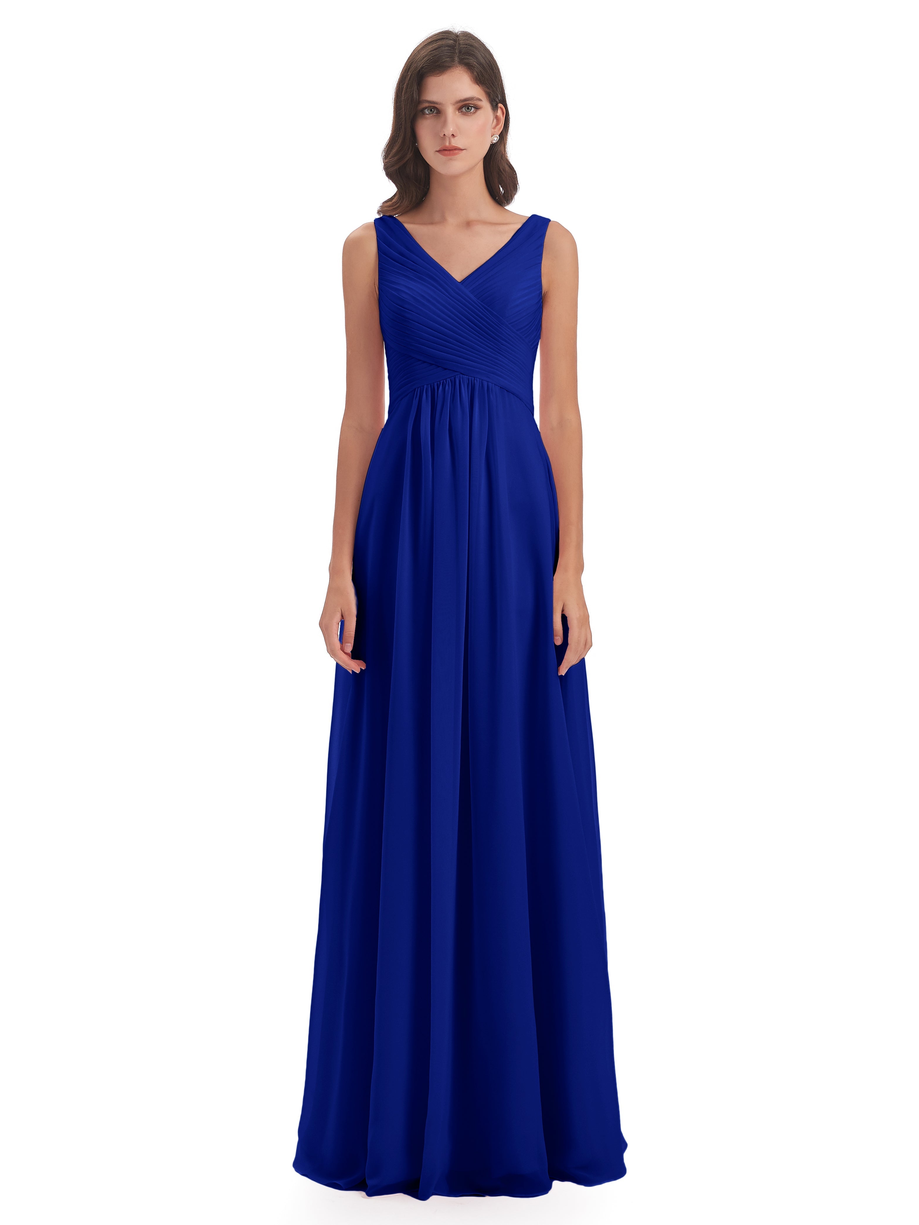 Mariage Robe Demoiselle D Honneur Bleu Roi Col V Bretelle Mousseline Robes Demoiselle D'Honneur