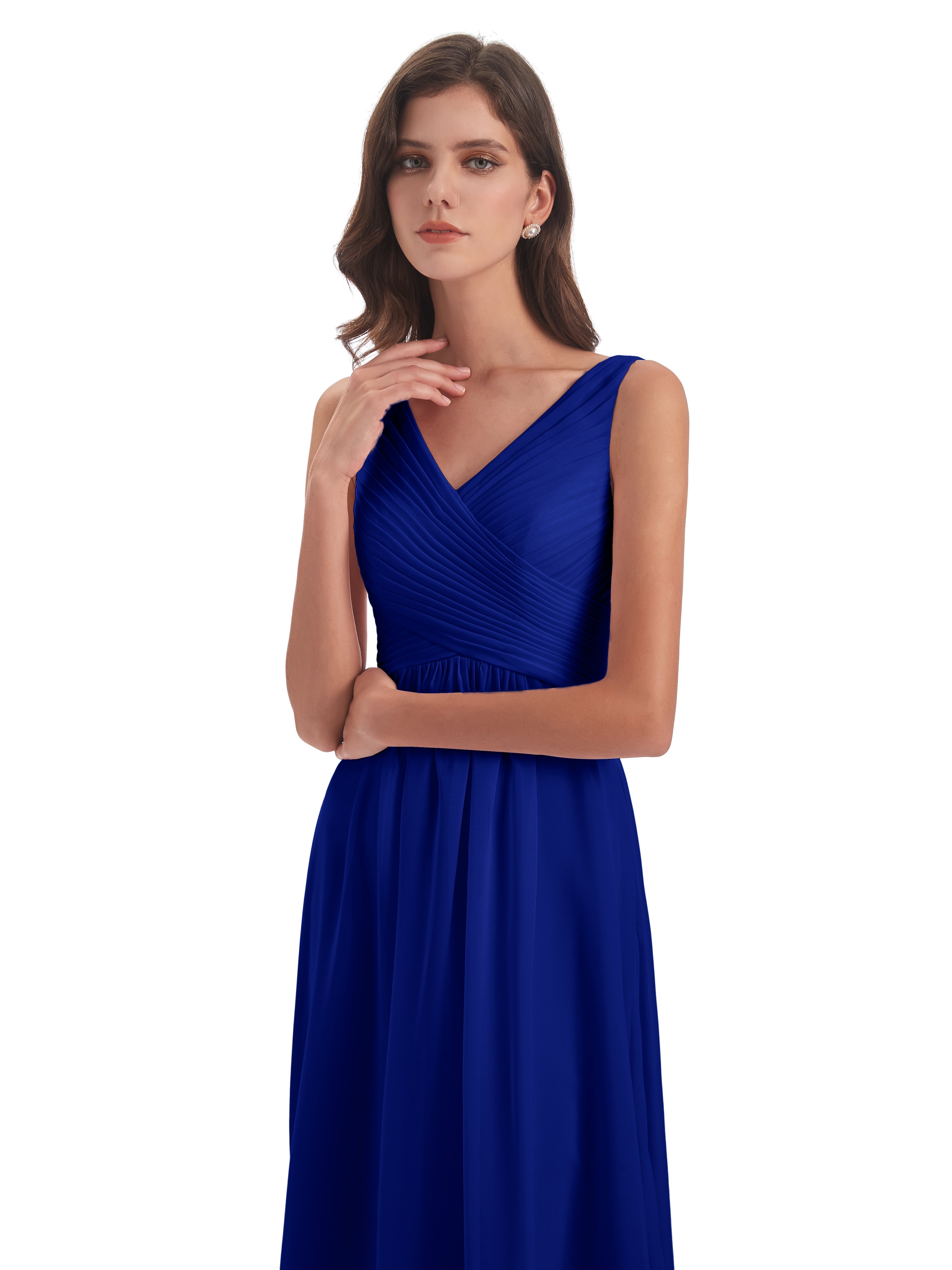 Mariage Robe Demoiselle D Honneur Bleu Roi Col V Bretelle Mousseline Robes Demoiselle D'Honneur