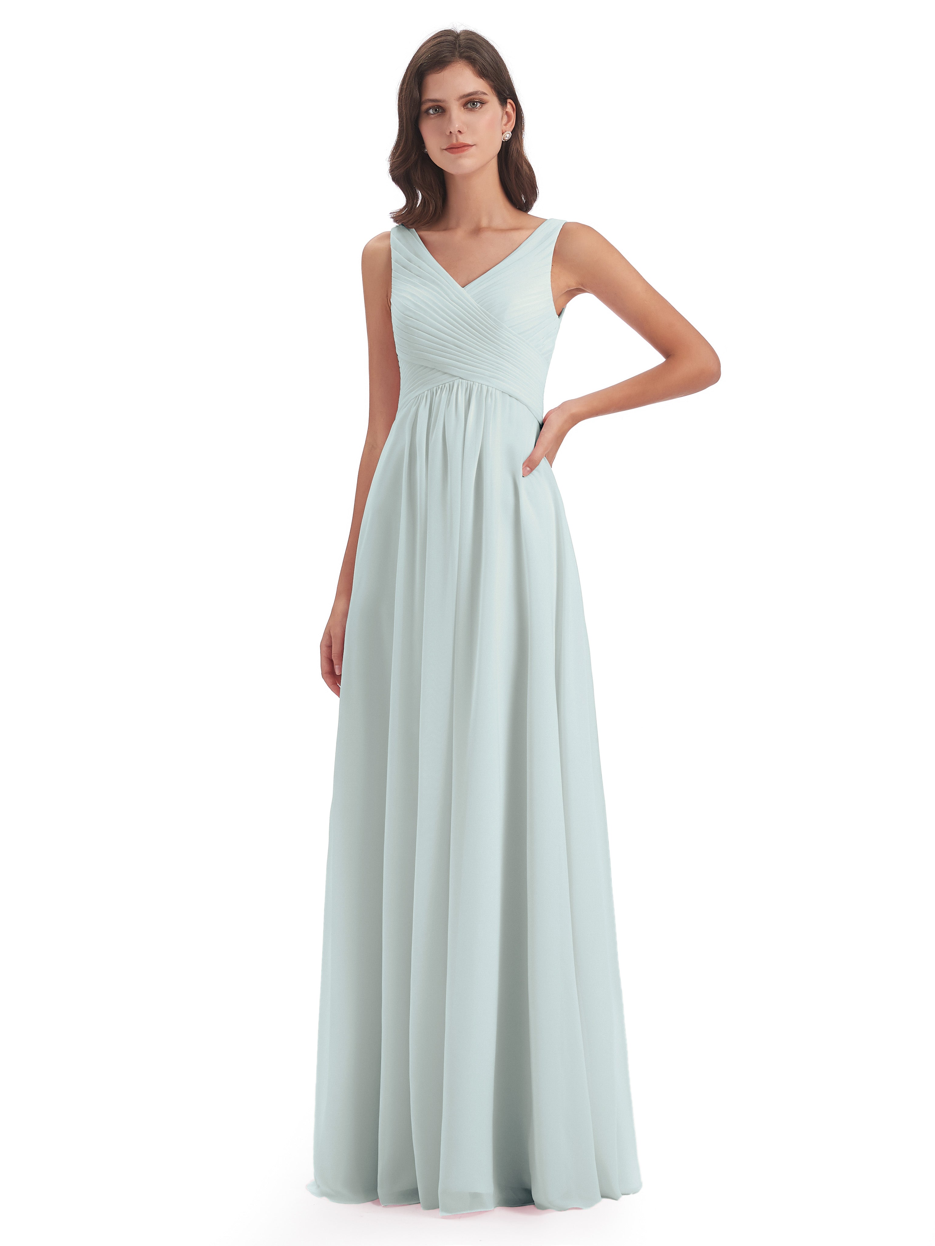 Robes De Demoiselle D'Honneur Celadon Col V Bretelle Mousseline Robes Demoiselle D'Honneur
