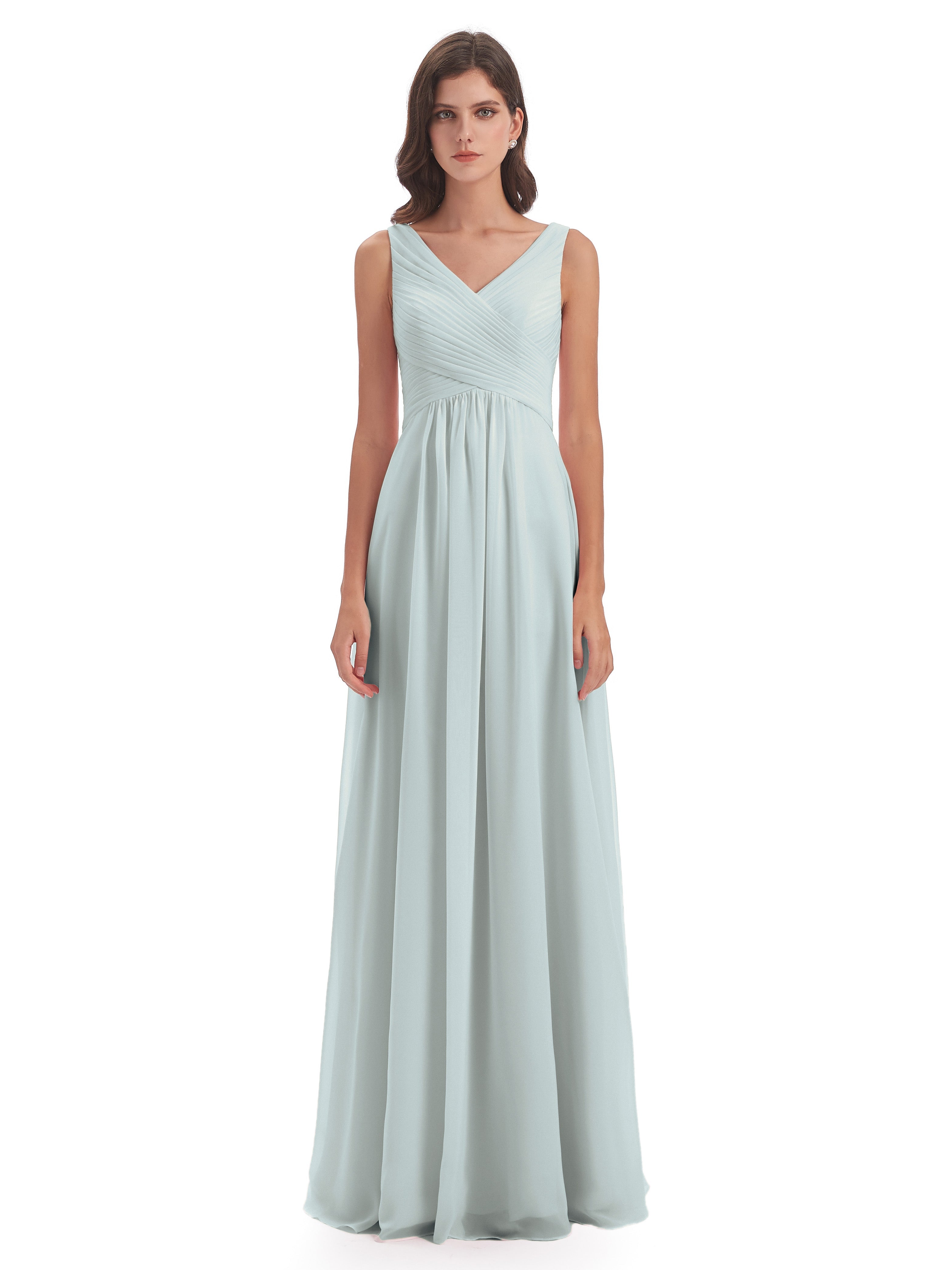 Robes De Demoiselle D'Honneur Celadon Col V Bretelle Mousseline Robes Demoiselle D'Honneur