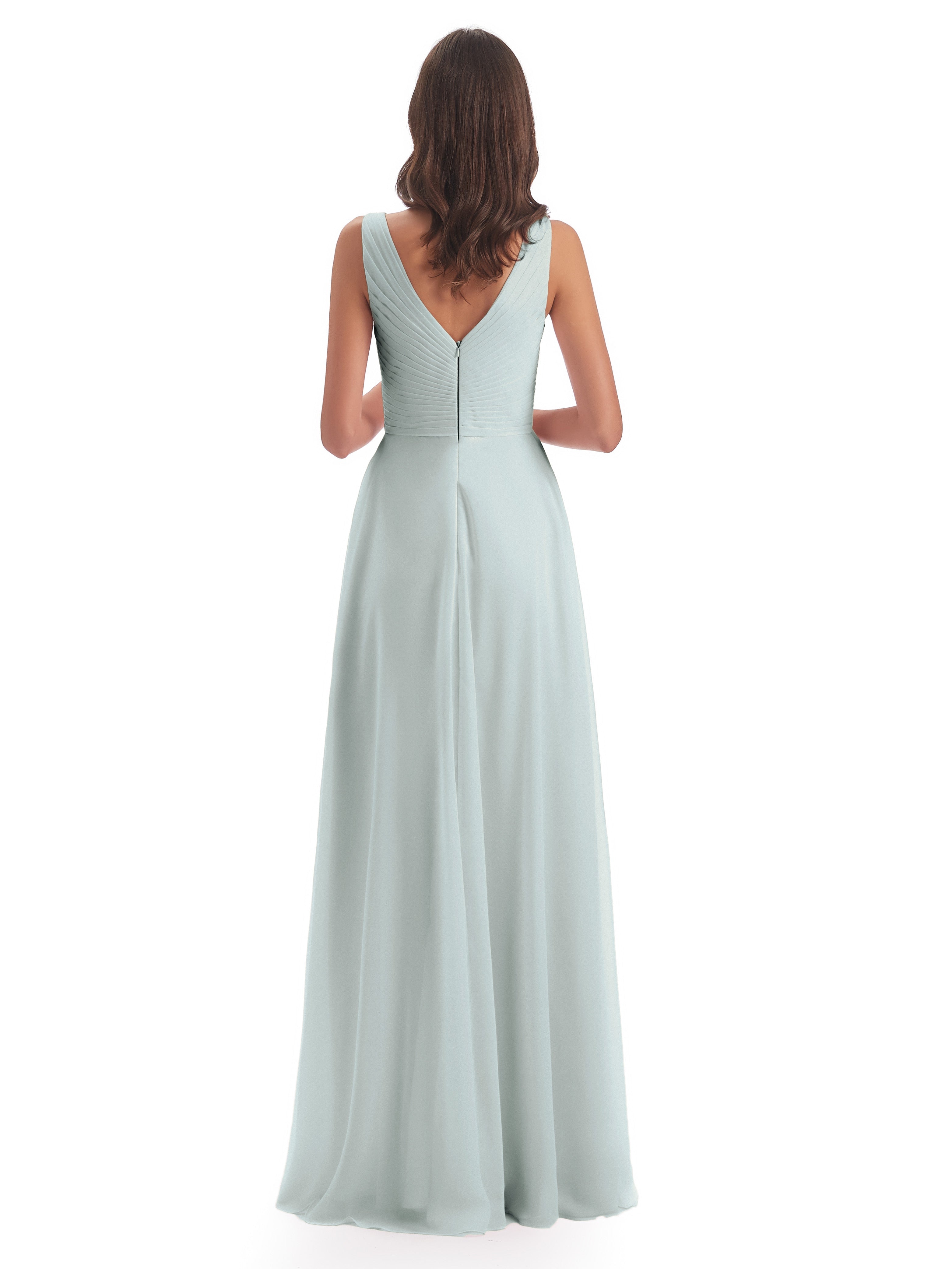 Robes De Demoiselle D'Honneur Celadon Col V Bretelle Mousseline Robes Demoiselle D'Honneur