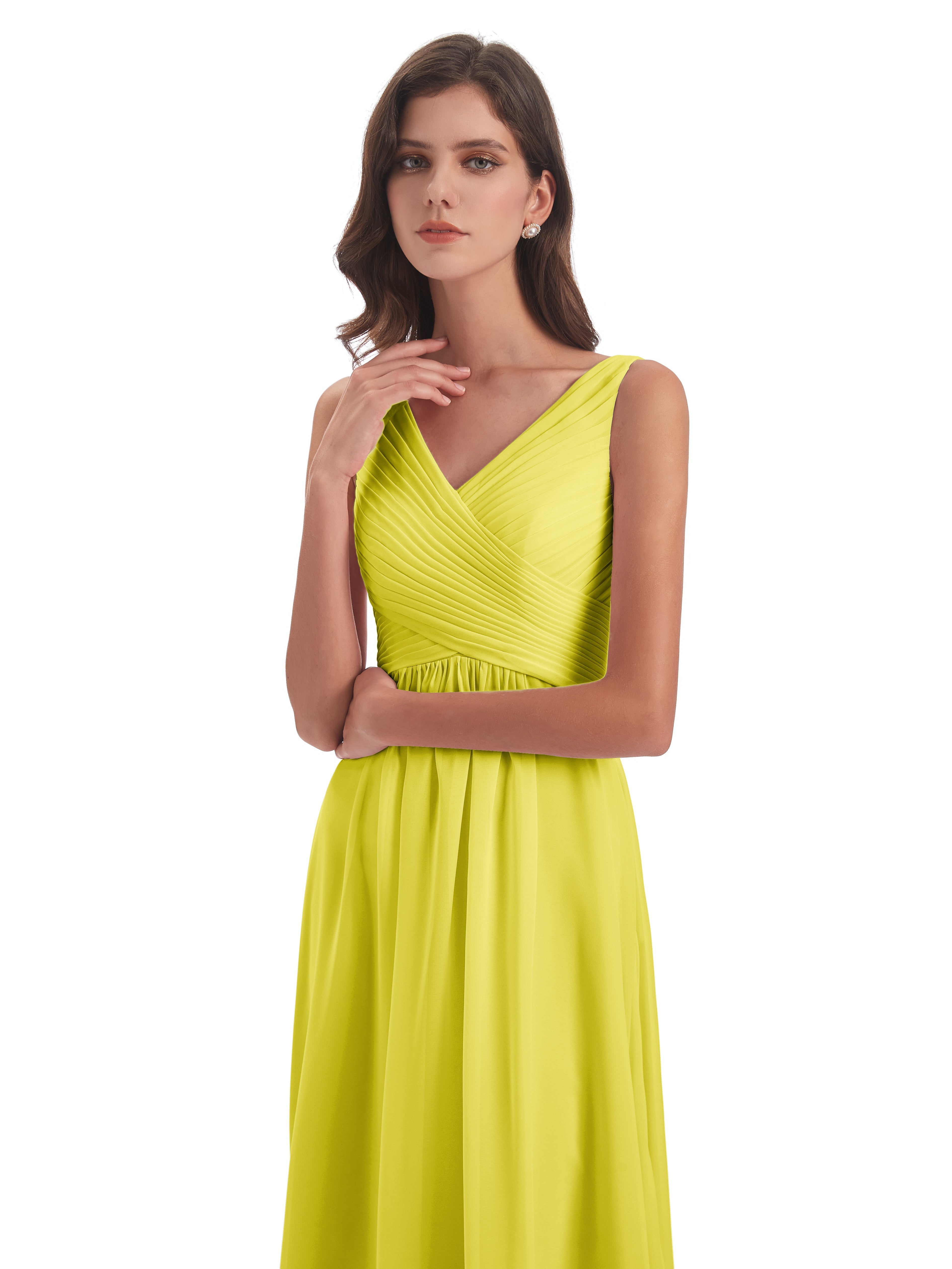Robes De Demoiselle D'Honneur Citron Col V Bretelle Mousseline Robes Demoiselle D'Honneur