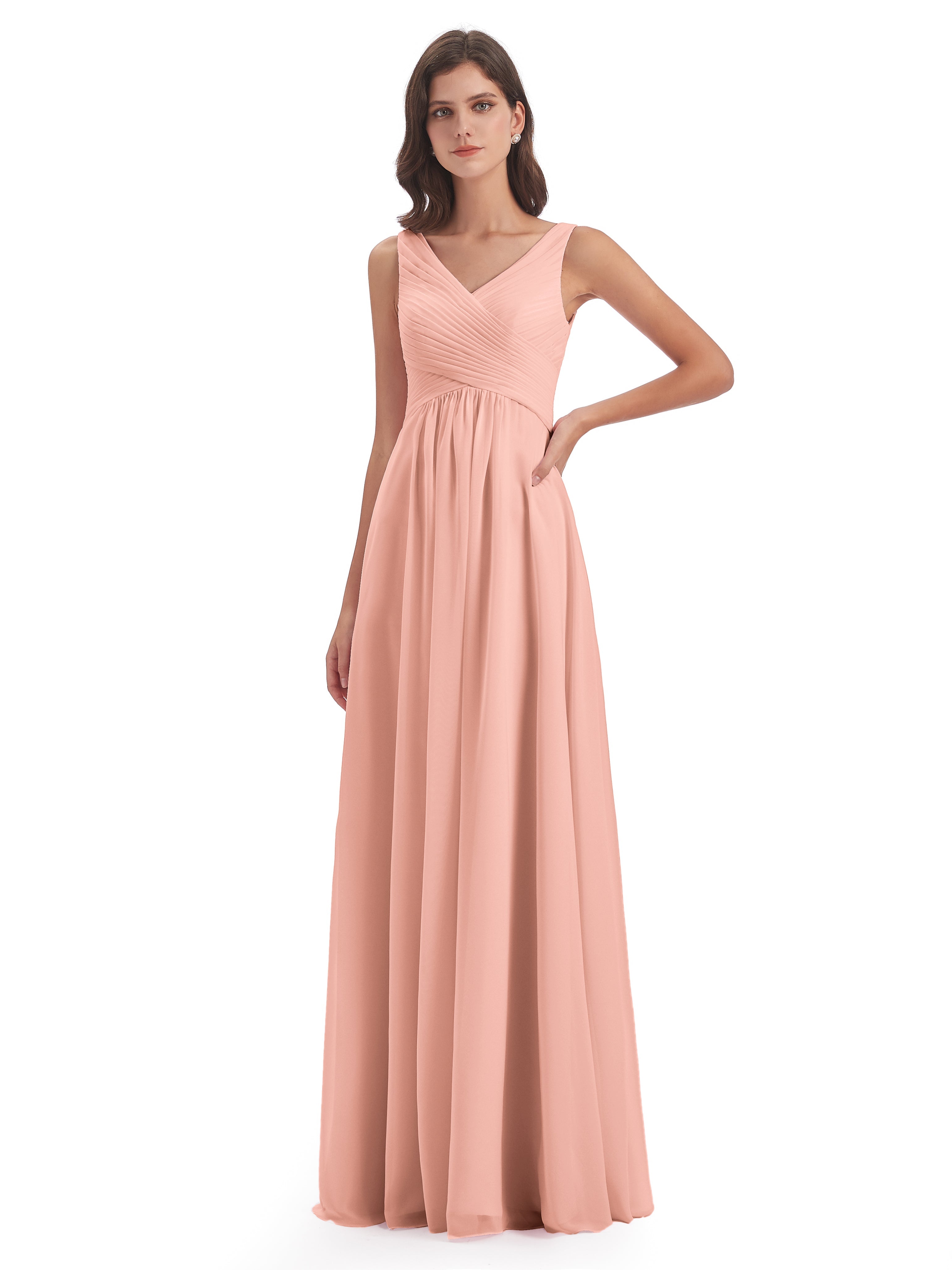 Robe De Demoiselle D Honneur Couleur Corail Col V Bretelle Mousseline Robes Demoiselle D'Honneur