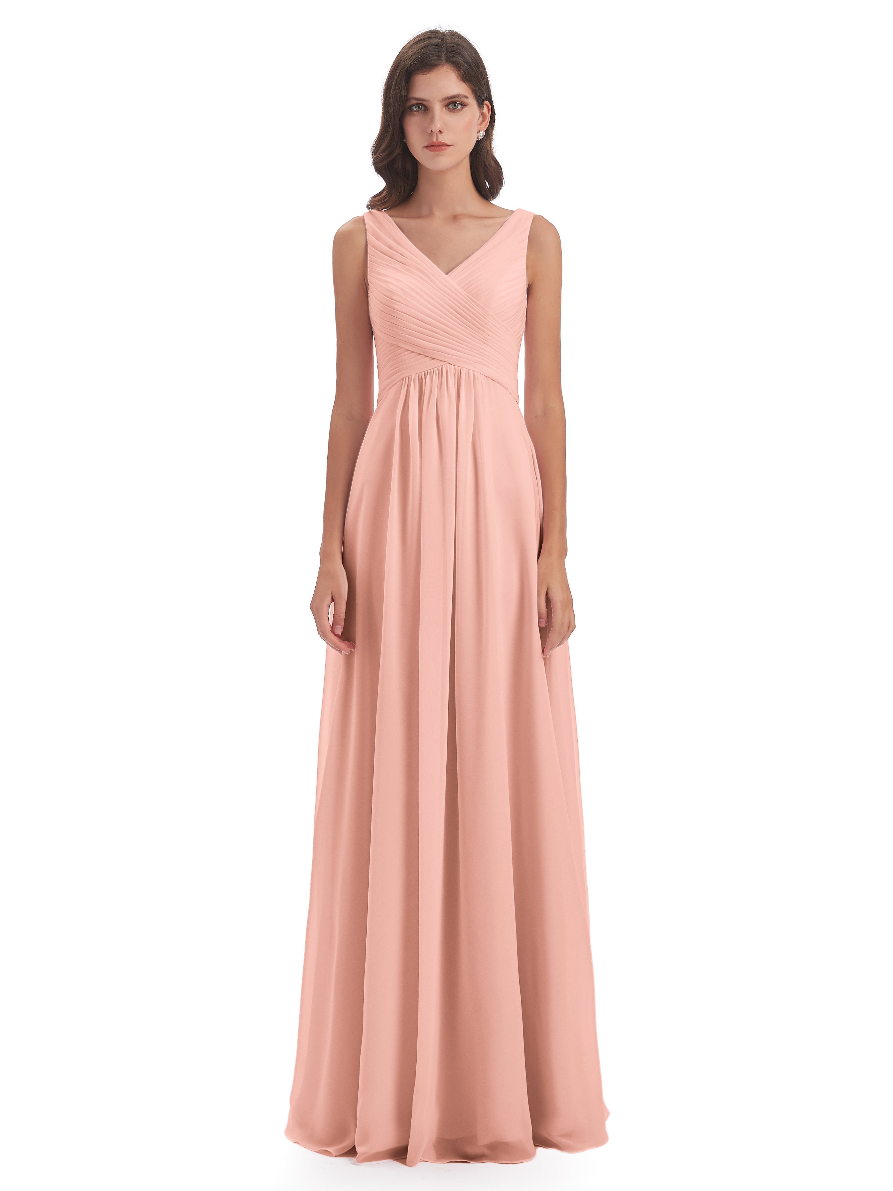 Robe De Demoiselle D Honneur Couleur Corail Col V Bretelle Mousseline Robes Demoiselle D'Honneur