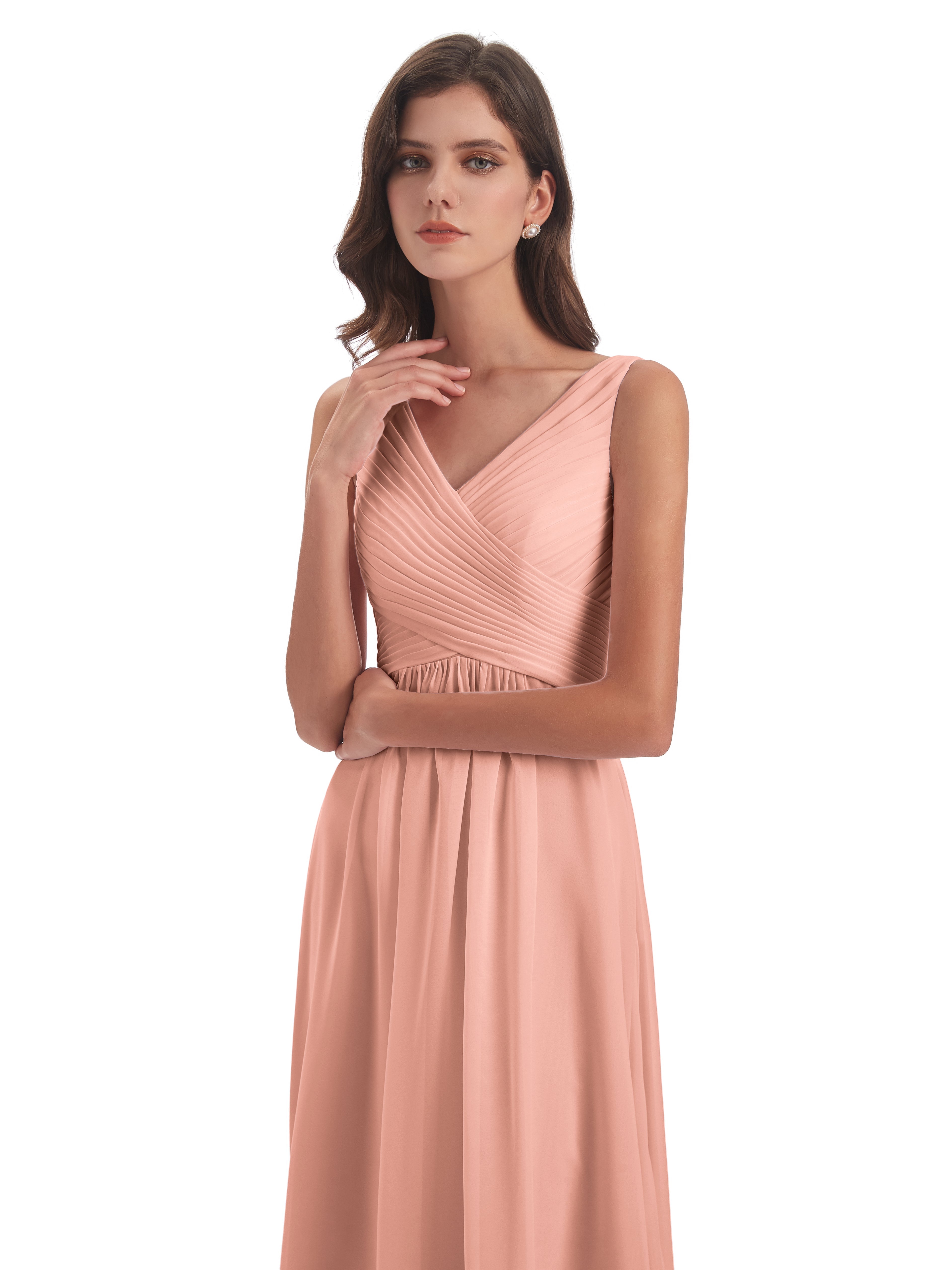 Robe De Demoiselle D Honneur Couleur Corail Col V Bretelle Mousseline Robes Demoiselle D'Honneur