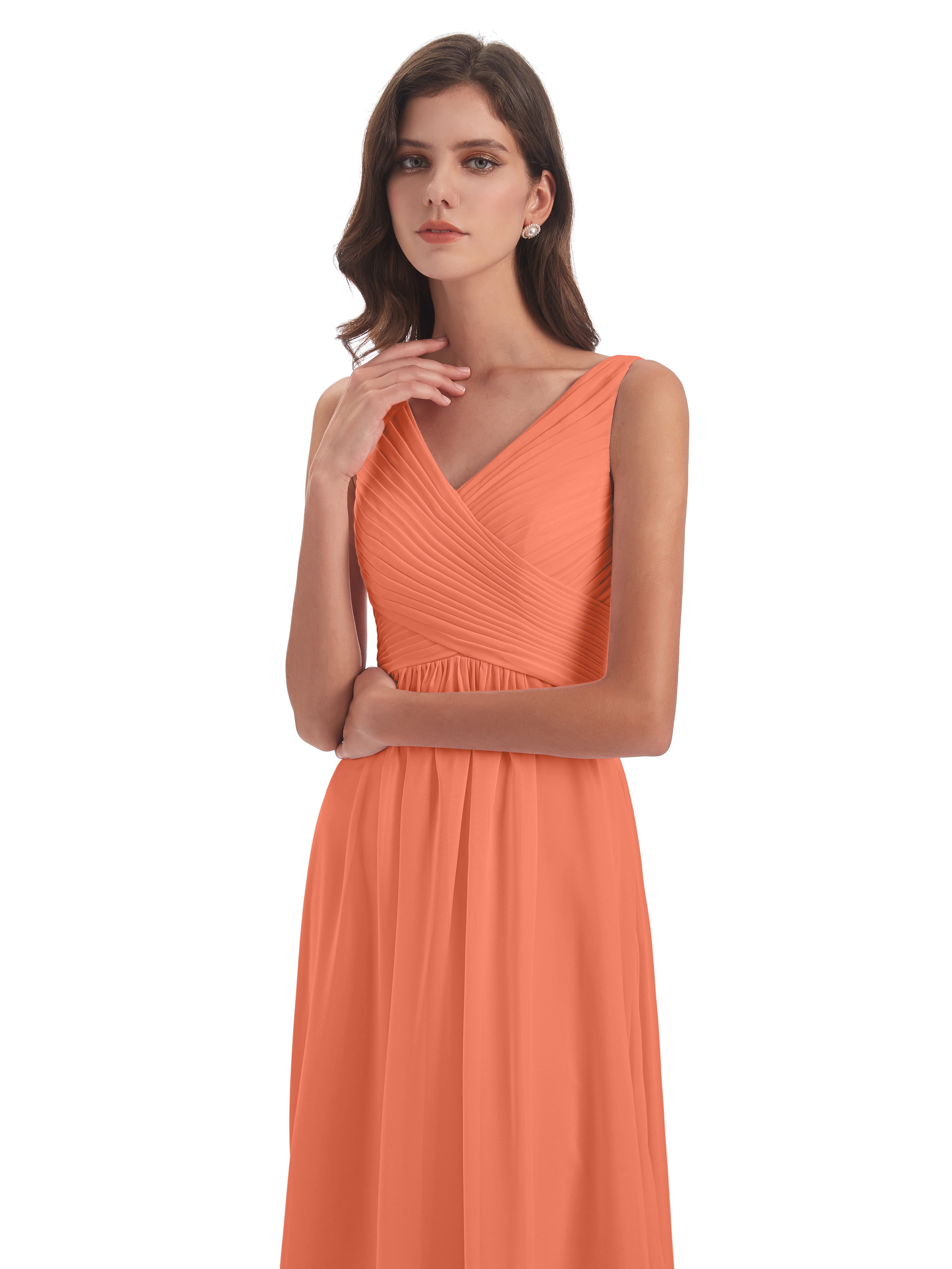 Robes De Demoiselle D'Honneur Coucher De Soleil Col V Bretelle Mousseline Robes Demoiselle D'Honneur