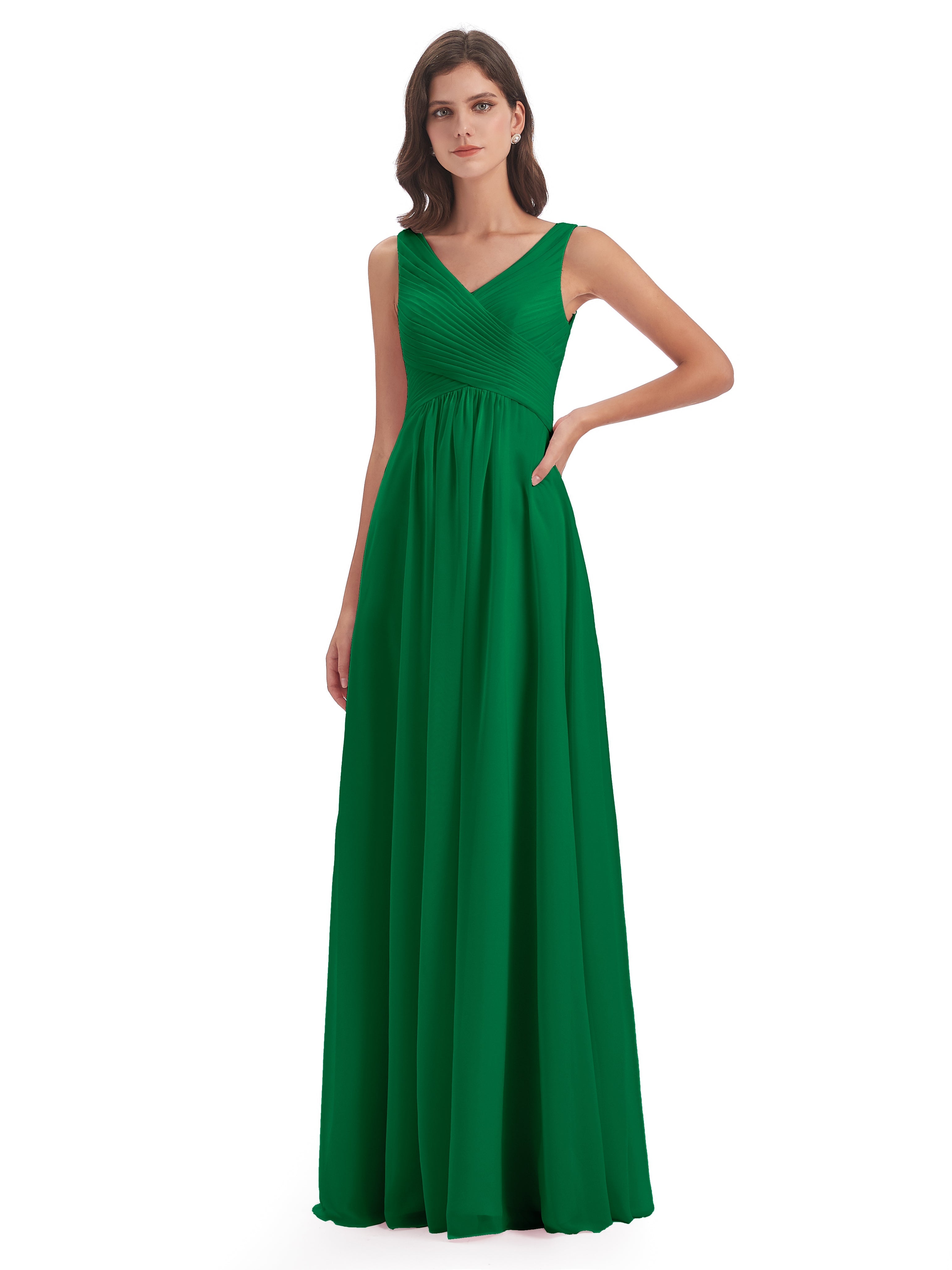 Robe Demoiselle D Honneur Vert Émeraude Col V Bretelle Mousseline Robes Demoiselle D'Honneur