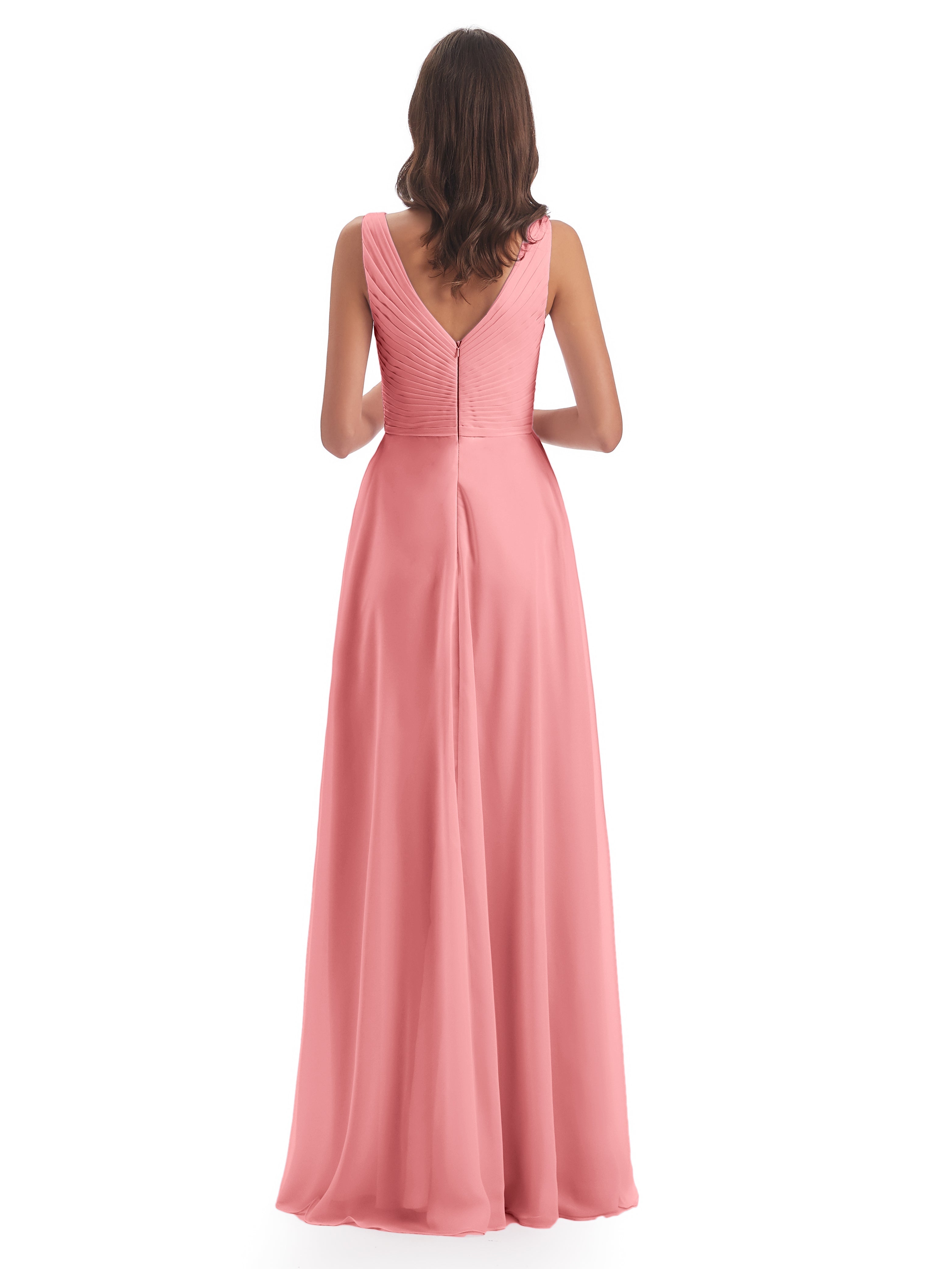 Robes De Demoiselle D'Honneur En Flamant Col V Bretelle Mousseline Robes Demoiselle D'Honneur