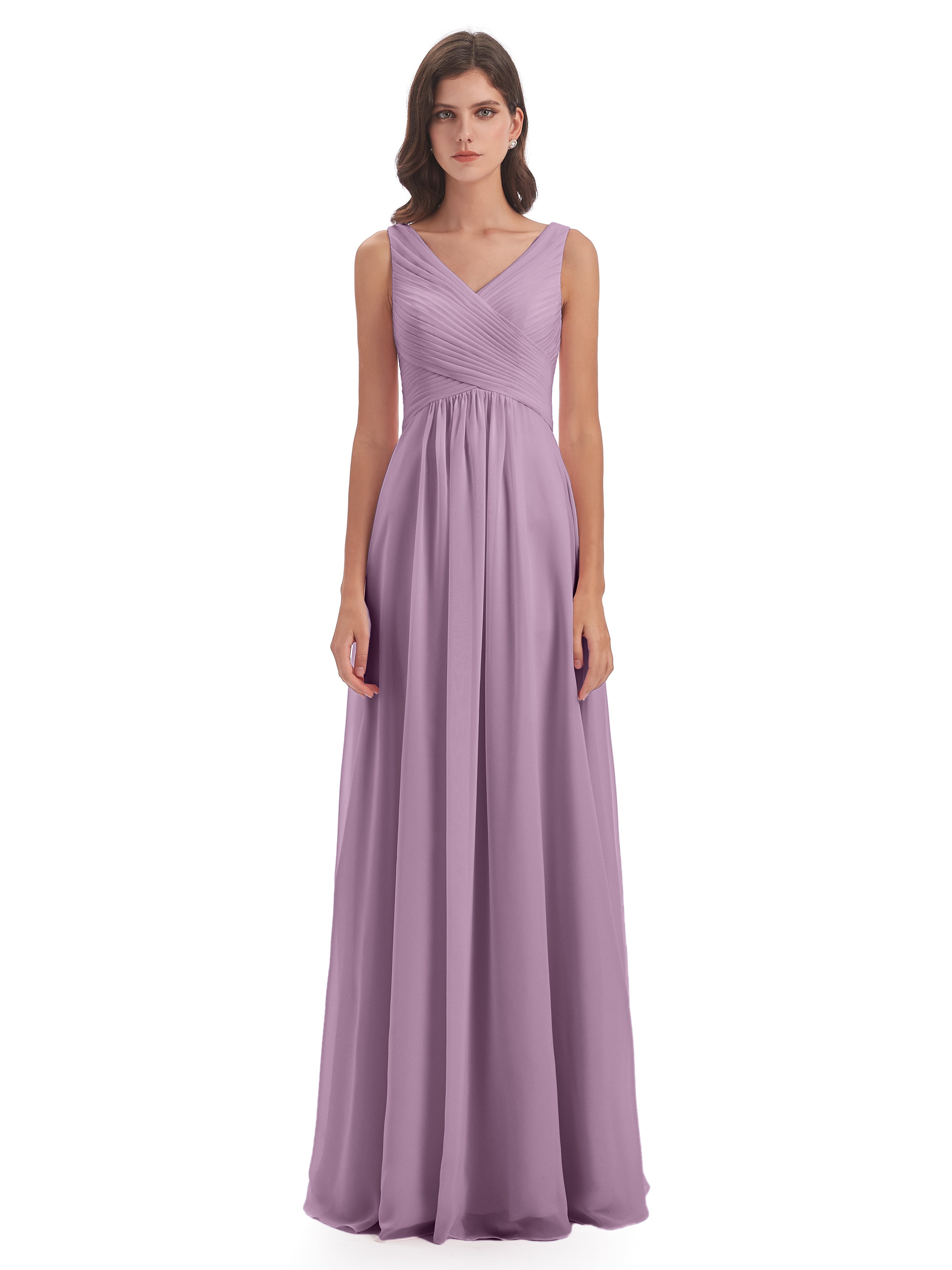 Robes De Demoiselle D'Honneur Glycine Col V Bretelle Mousseline Robes Demoiselle D'Honneur