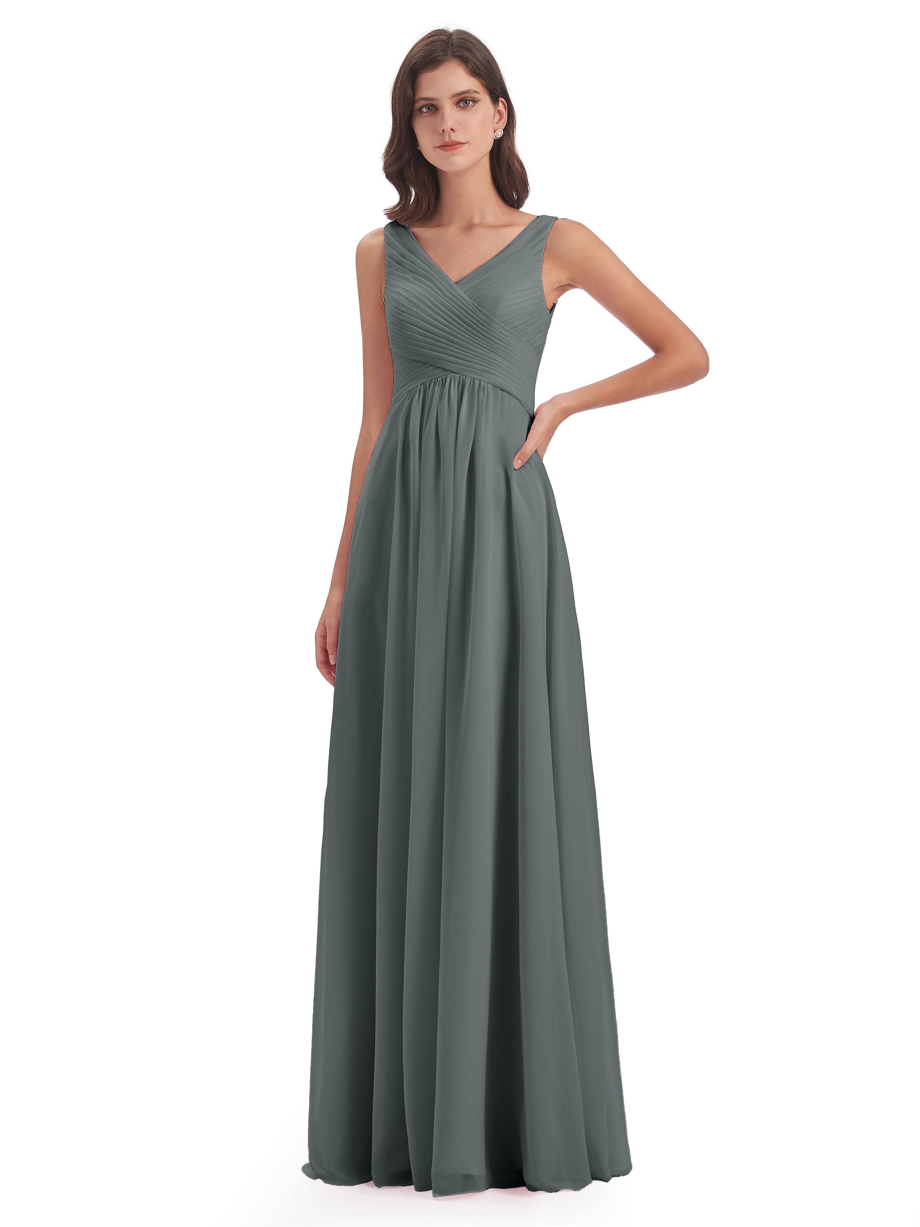 Robe Grise Demoiselle D Honneur Col V Bretelle Mousseline Robes Demoiselle D'Honneur