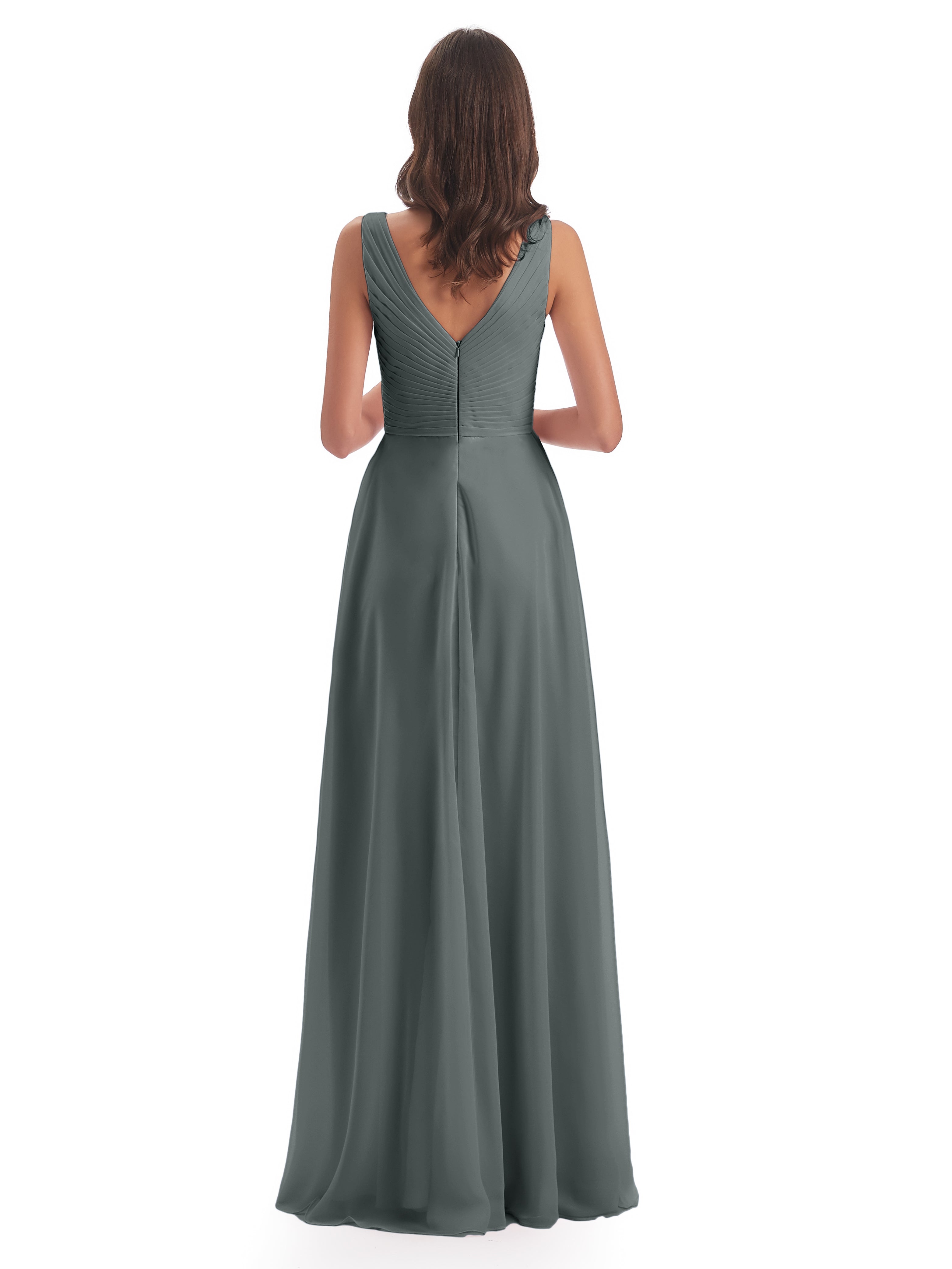 Robe Grise Demoiselle D Honneur Col V Bretelle Mousseline Robes Demoiselle D'Honneur