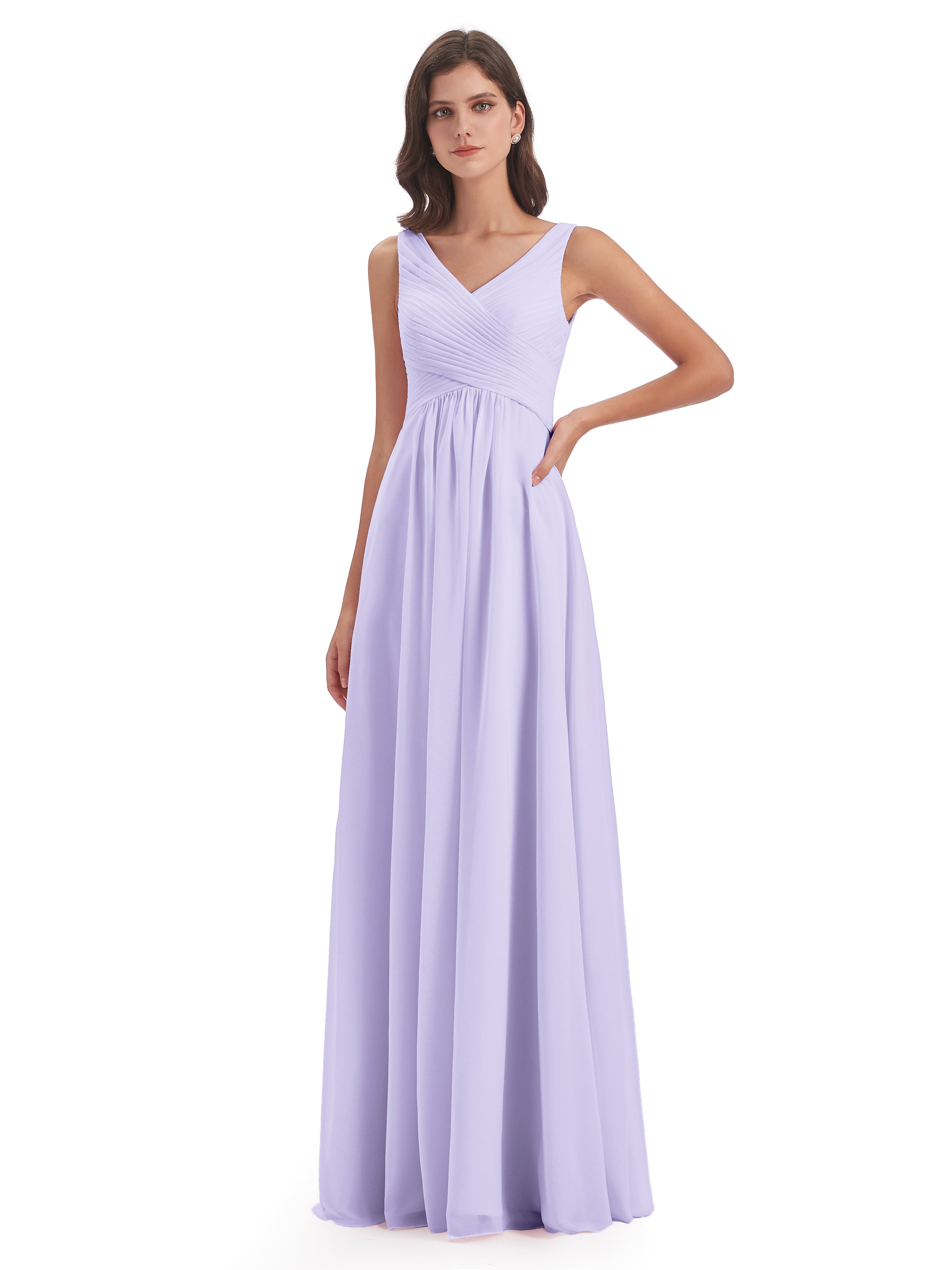 Robe Lilas Demoiselle D Honneur Col V Bretelle Mousseline Robes Demoiselle D'Honneur