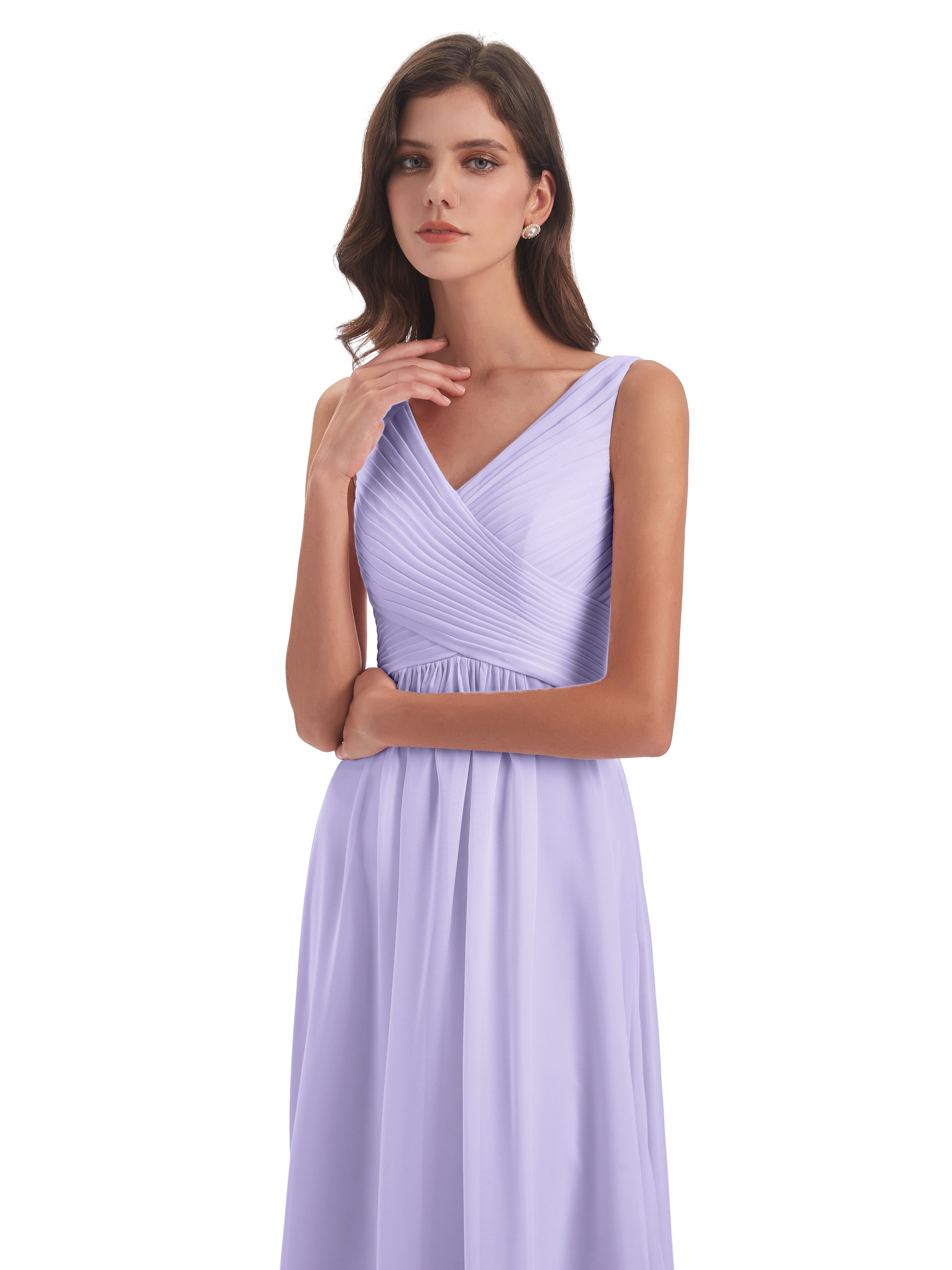 Robe Lilas Demoiselle D Honneur Col V Bretelle Mousseline Robes Demoiselle D'Honneur