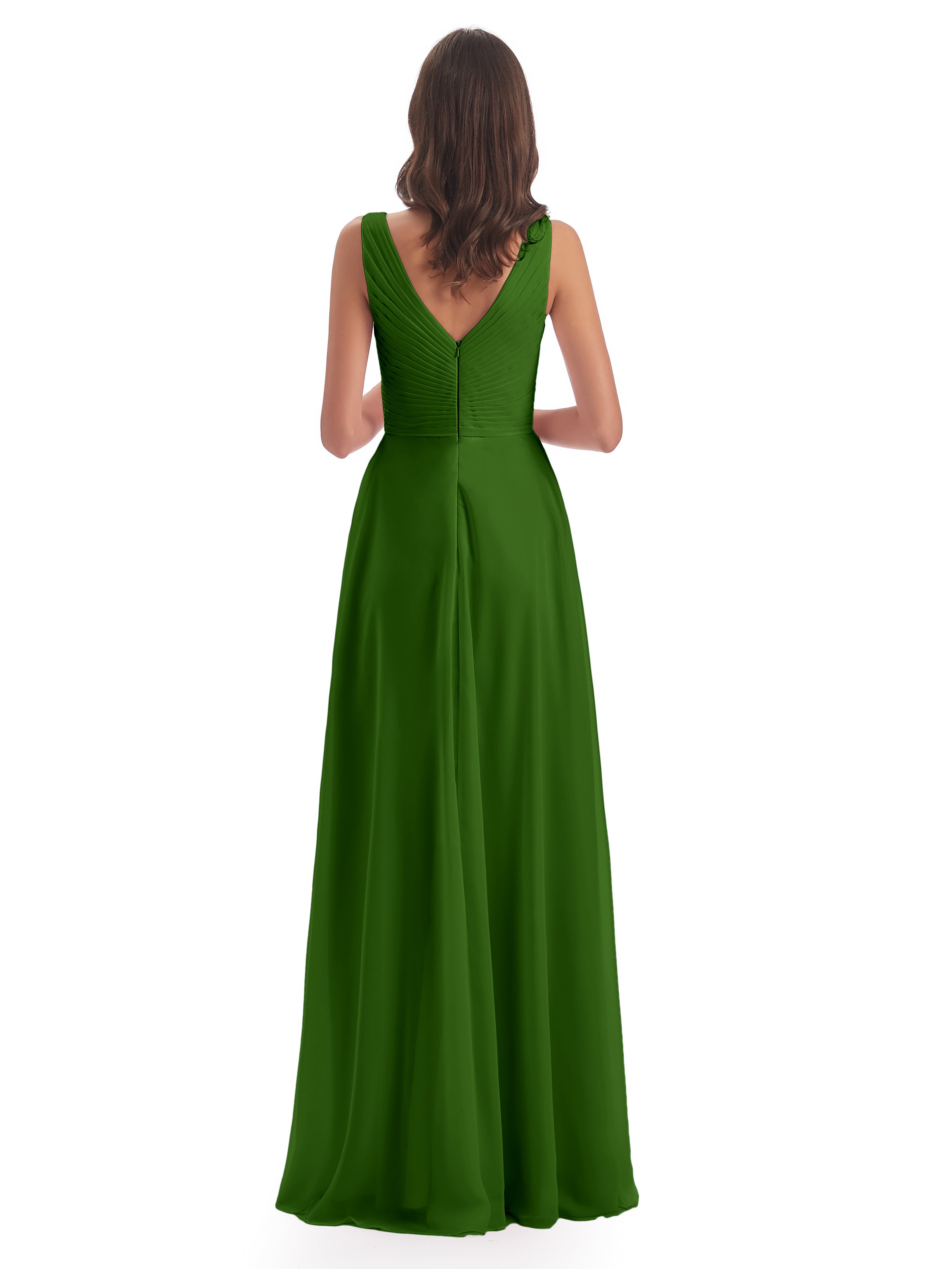 Robes De Demoiselle D'Honneur Vert Mousse Col V Bretelle Mousseline Robes Demoiselle D'Honneur