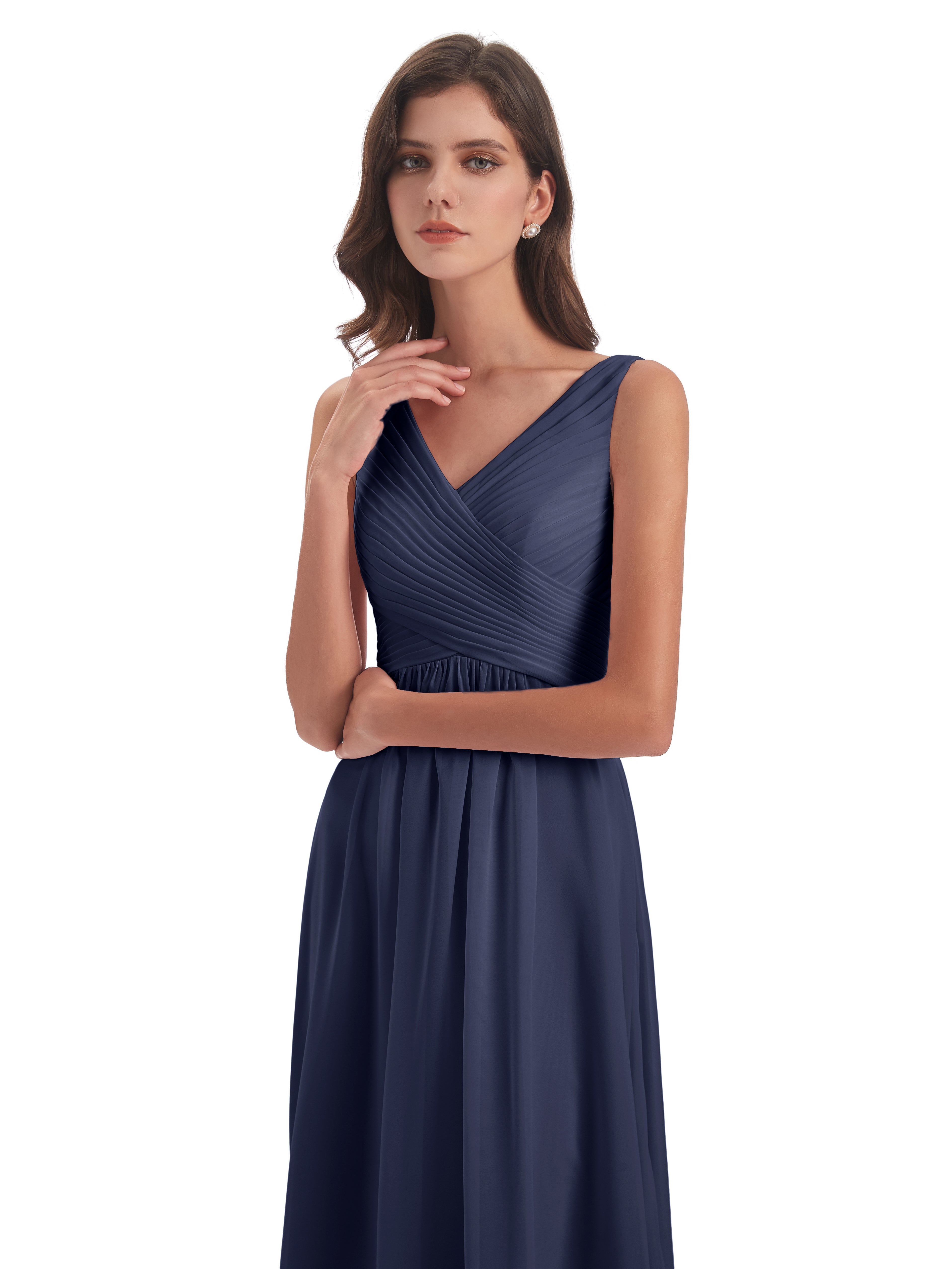 Robes De Demoiselle D'Honneur Bleu Orageux Col V Bretelle Mousseline Robes Demoiselle D'Honneur