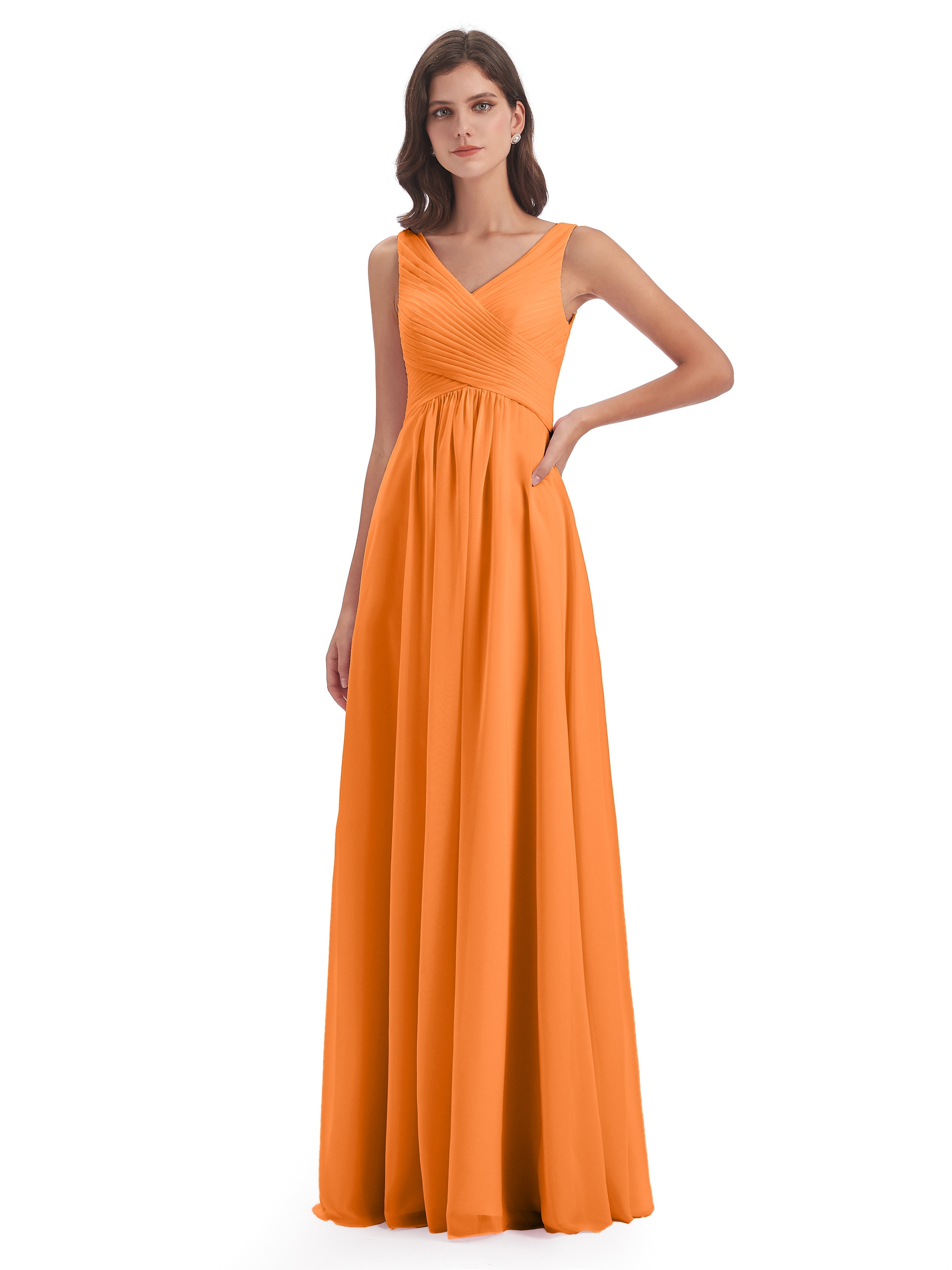 Robe De Demoiselle D Honneur Orange Col V Bretelle Mousseline Robes Demoiselle D'Honneur