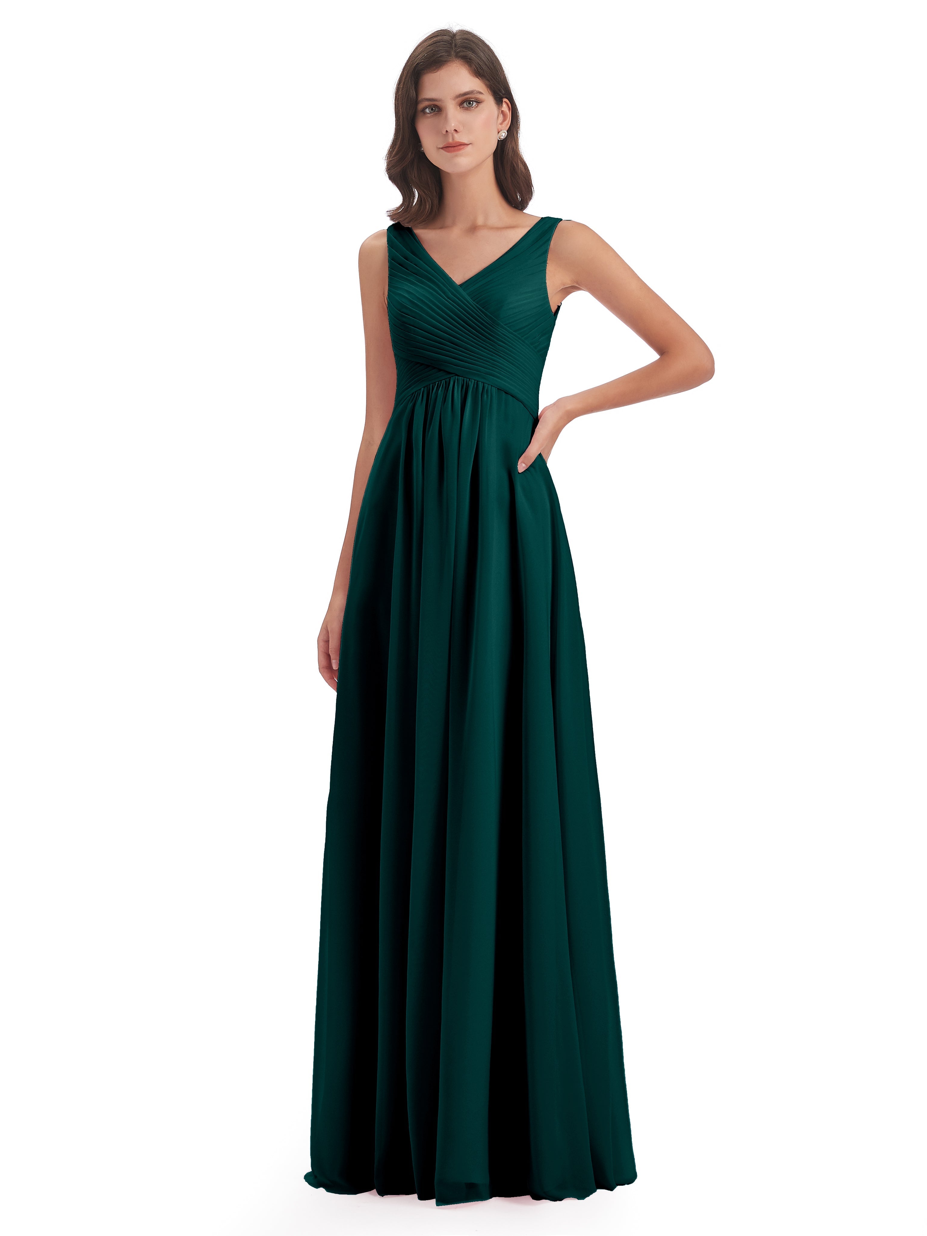 Robes De Demoiselle D'Honneur Bleu Paon Col V Bretelle Mousseline Robes Demoiselle D'Honneur