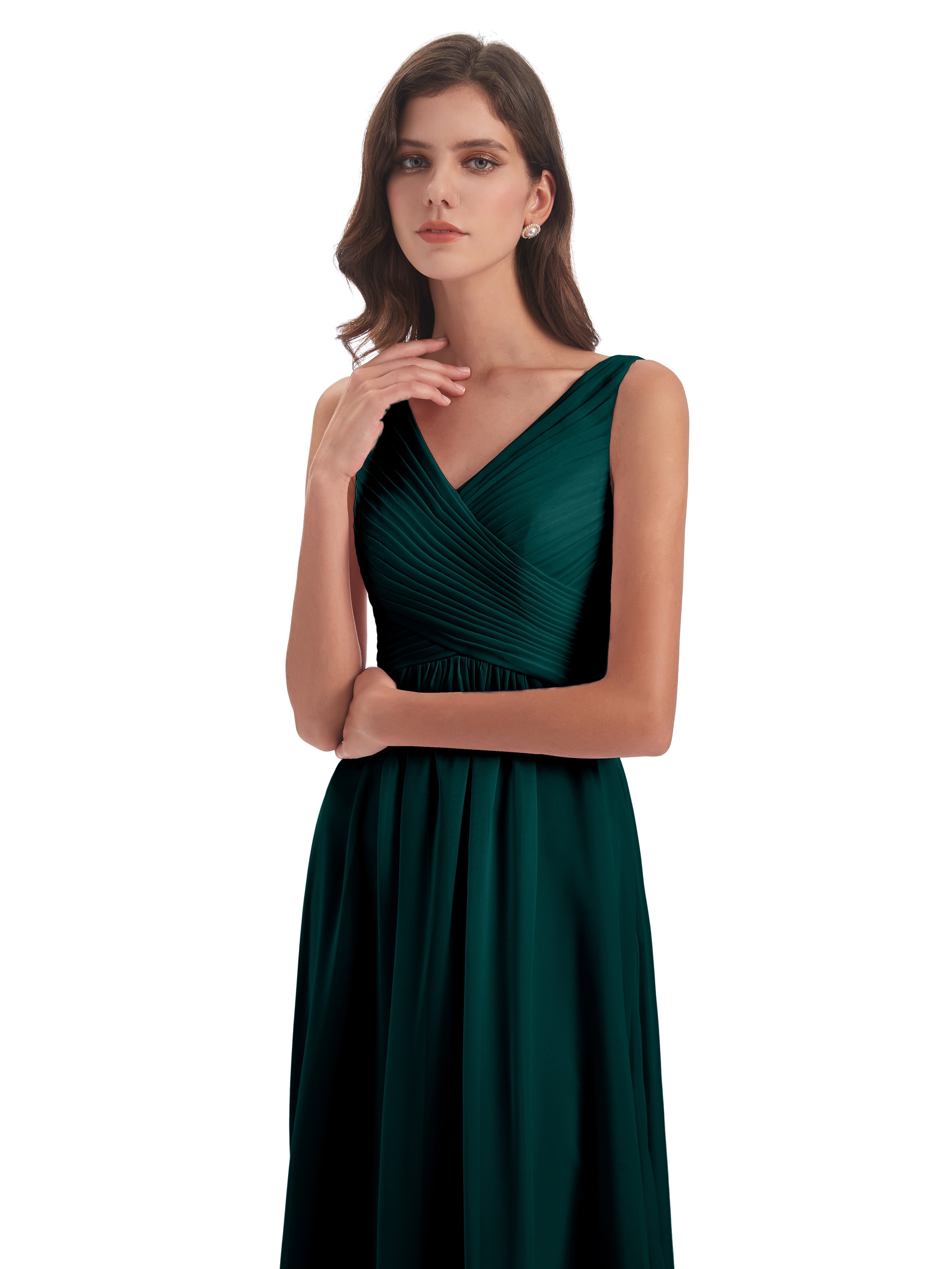 Robes De Demoiselle D'Honneur Bleu Paon Col V Bretelle Mousseline Robes Demoiselle D'Honneur