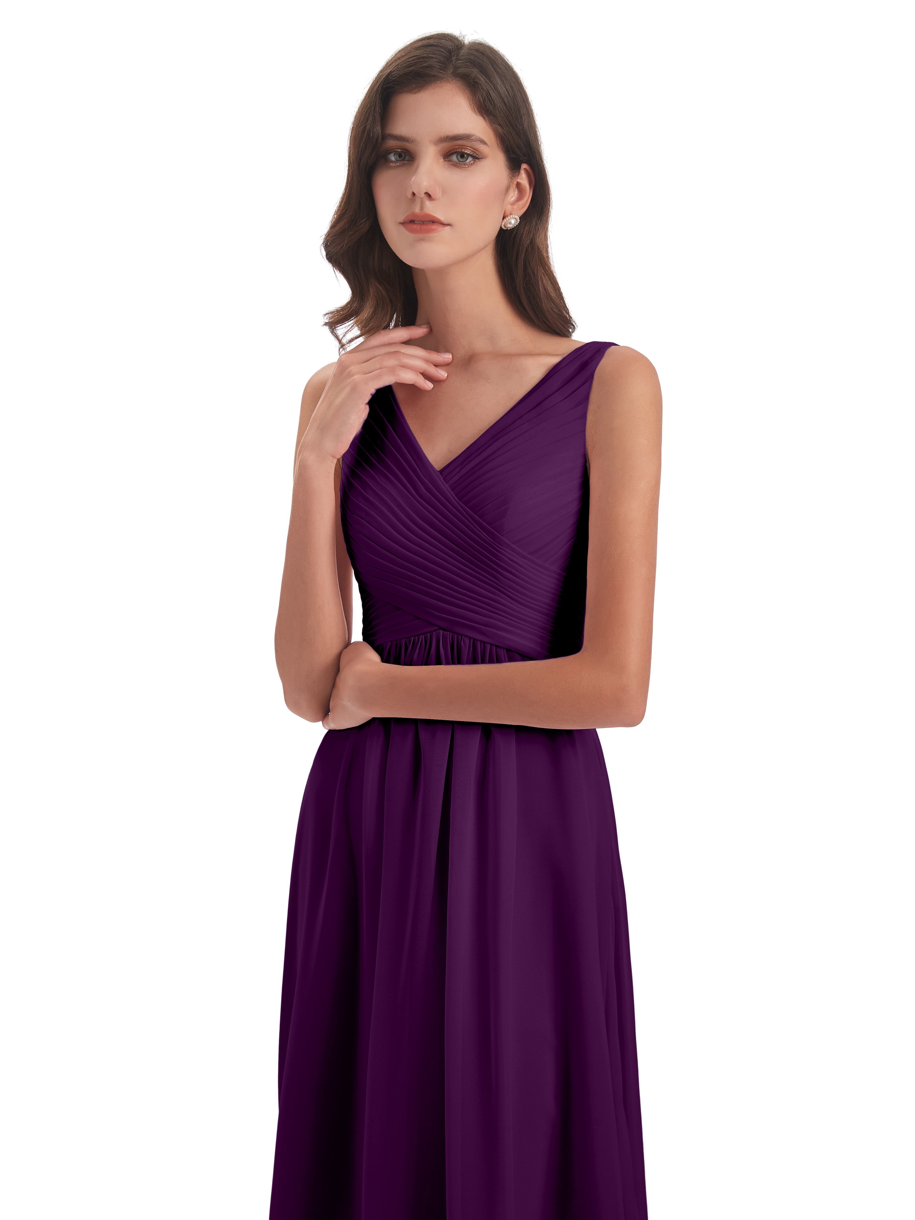 Robes De Demoiselle D'Honneur En Raisin Col V Bretelle Mousseline Robes Demoiselle D'Honneur