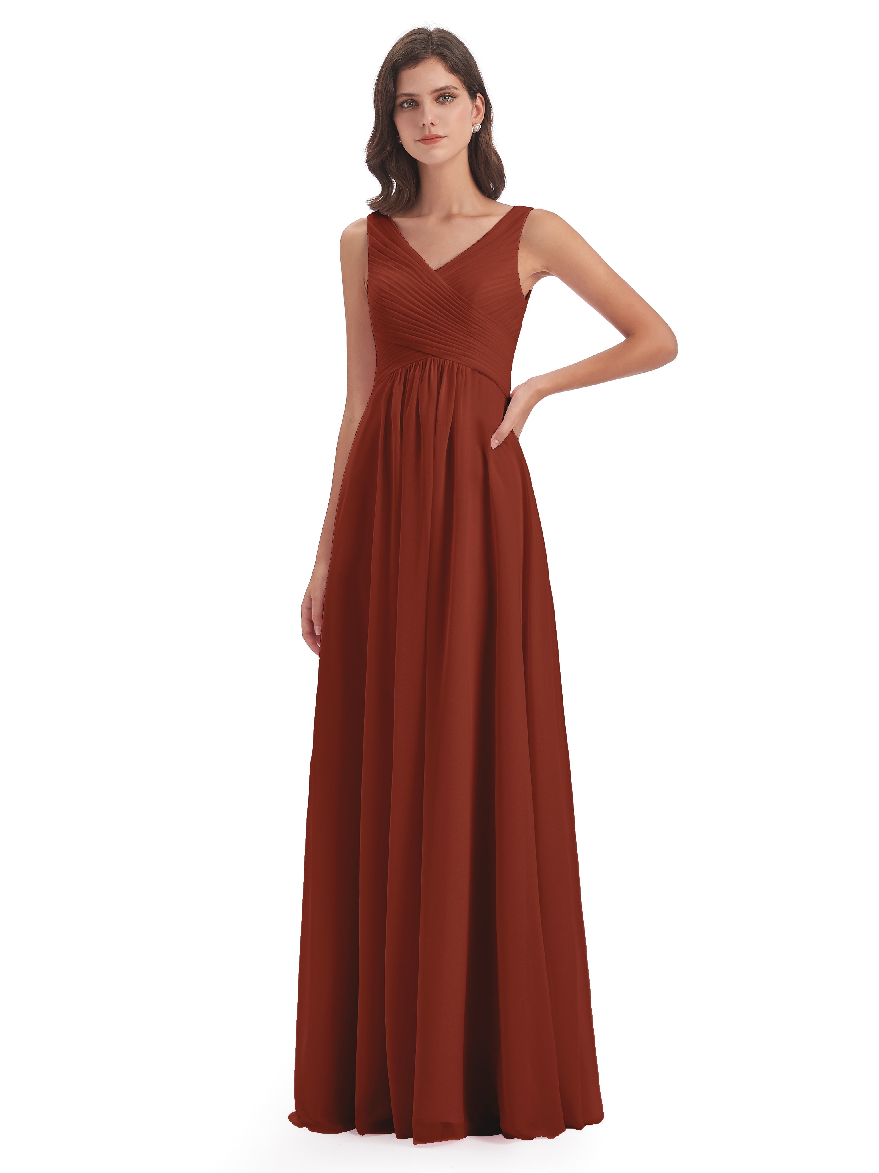 Robe Demoiselle D Honneur Couleur Rouille Col V Bretelle Mousseline Robes Demoiselle D'Honneur