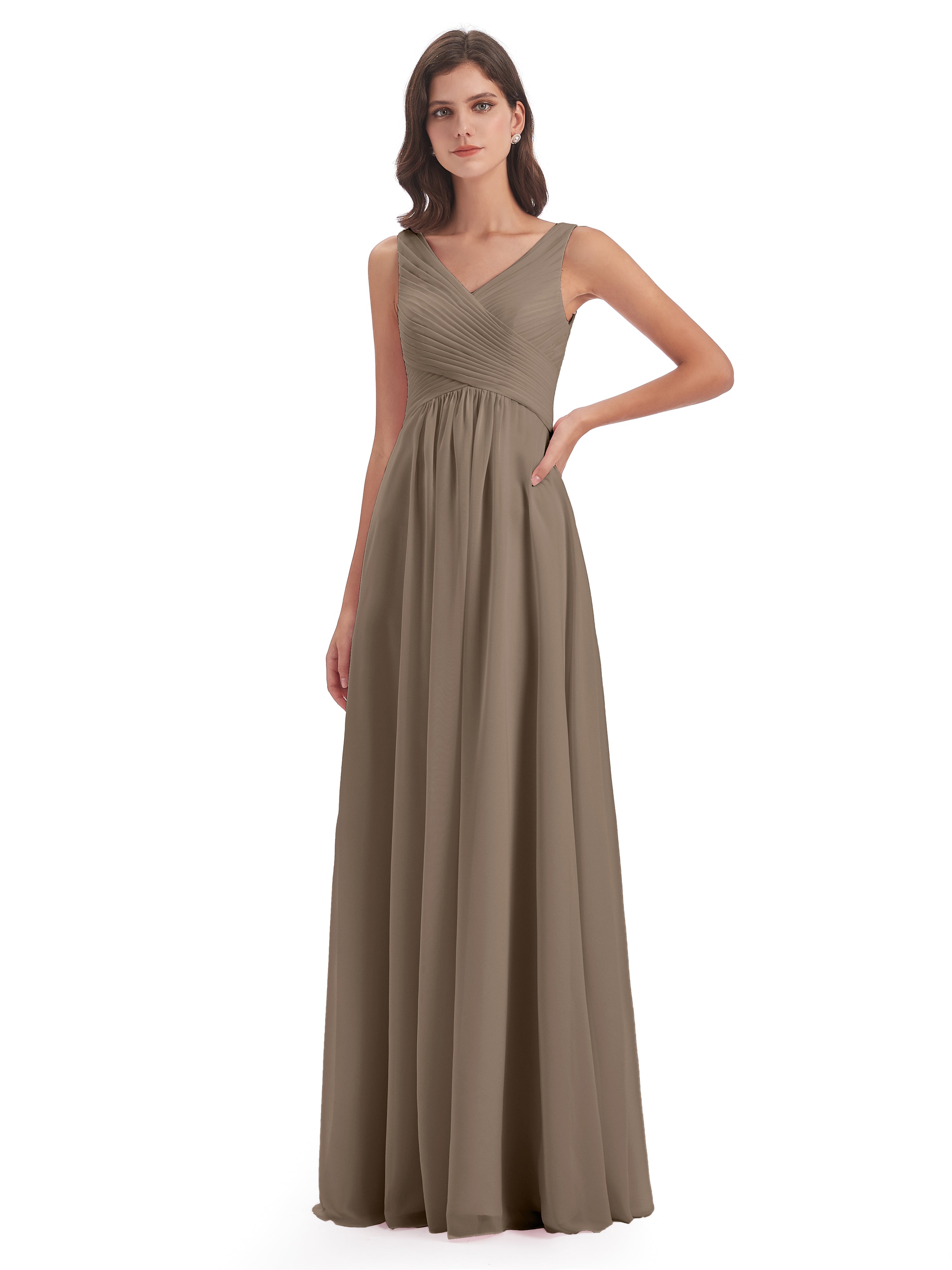 Robe De Couleur Taupe Col V Bretelle Mousseline Robes Demoiselle D'Honneur