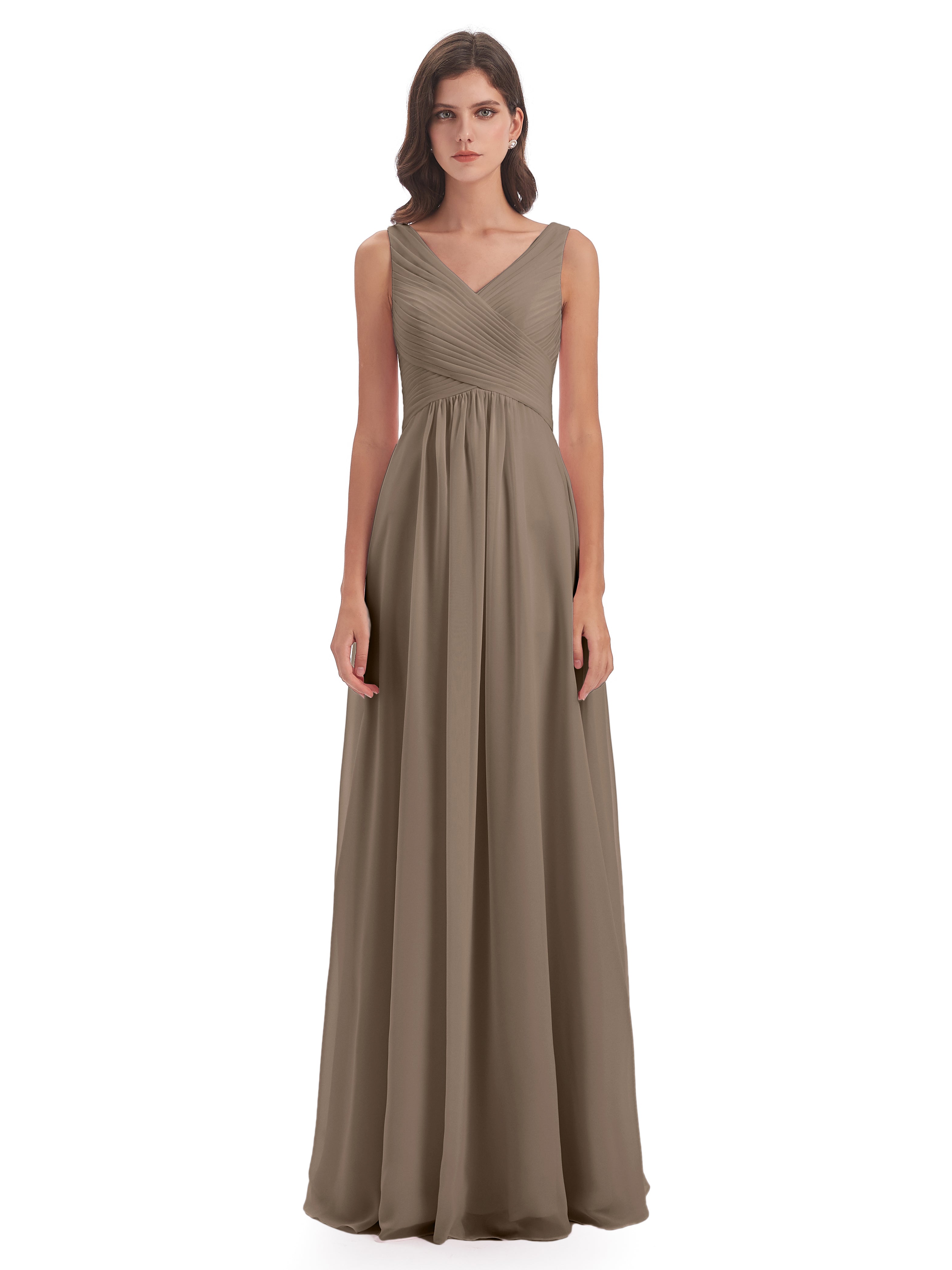 Robe De Couleur Taupe Col V Bretelle Mousseline Robes Demoiselle D'Honneur