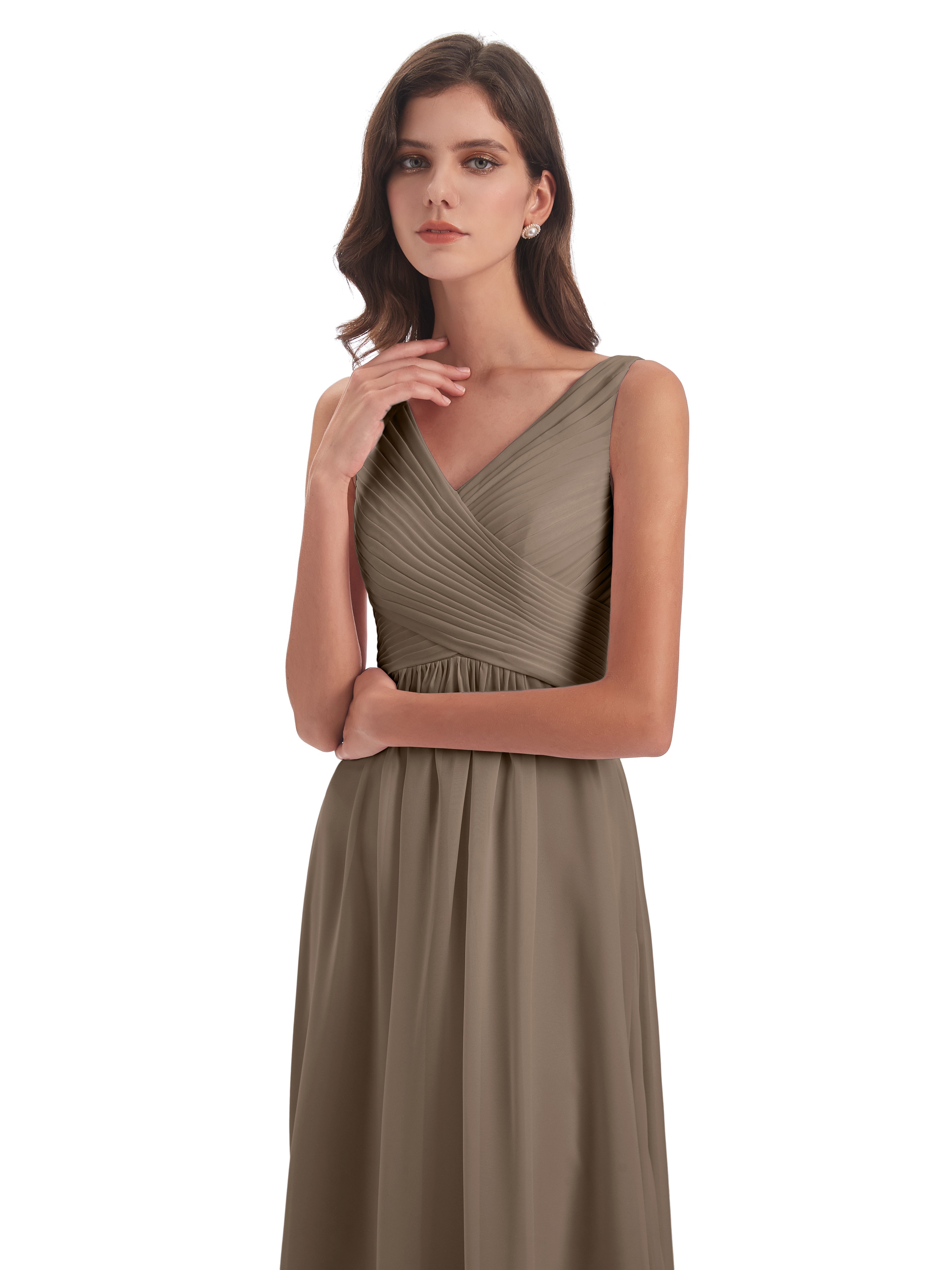 Robe De Couleur Taupe Col V Bretelle Mousseline Robes Demoiselle D'Honneur