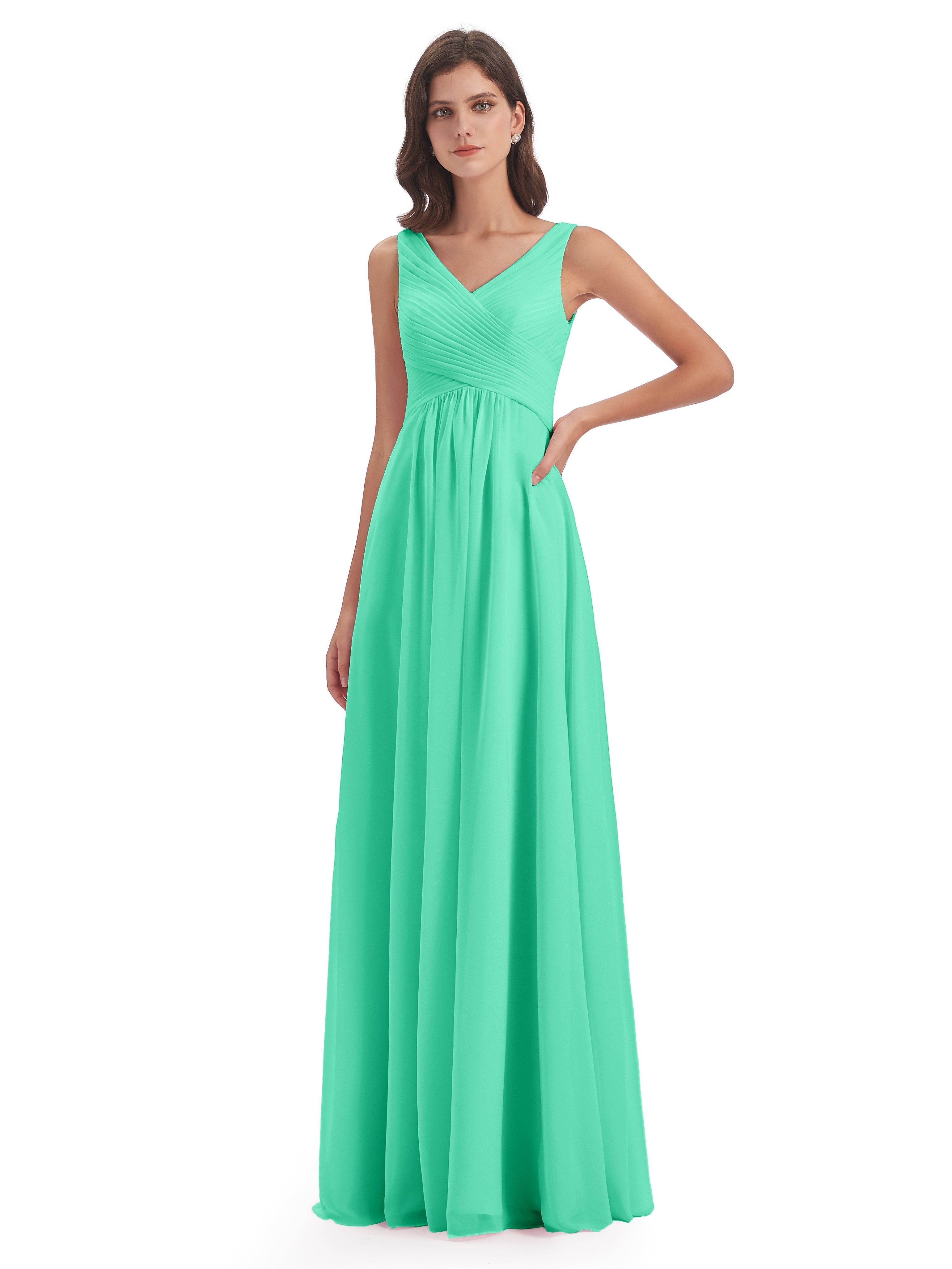 Robe Demoiselle D Honneur Bleu Turquoise Col V Bretelle Mousseline Robes Demoiselle D'Honneur