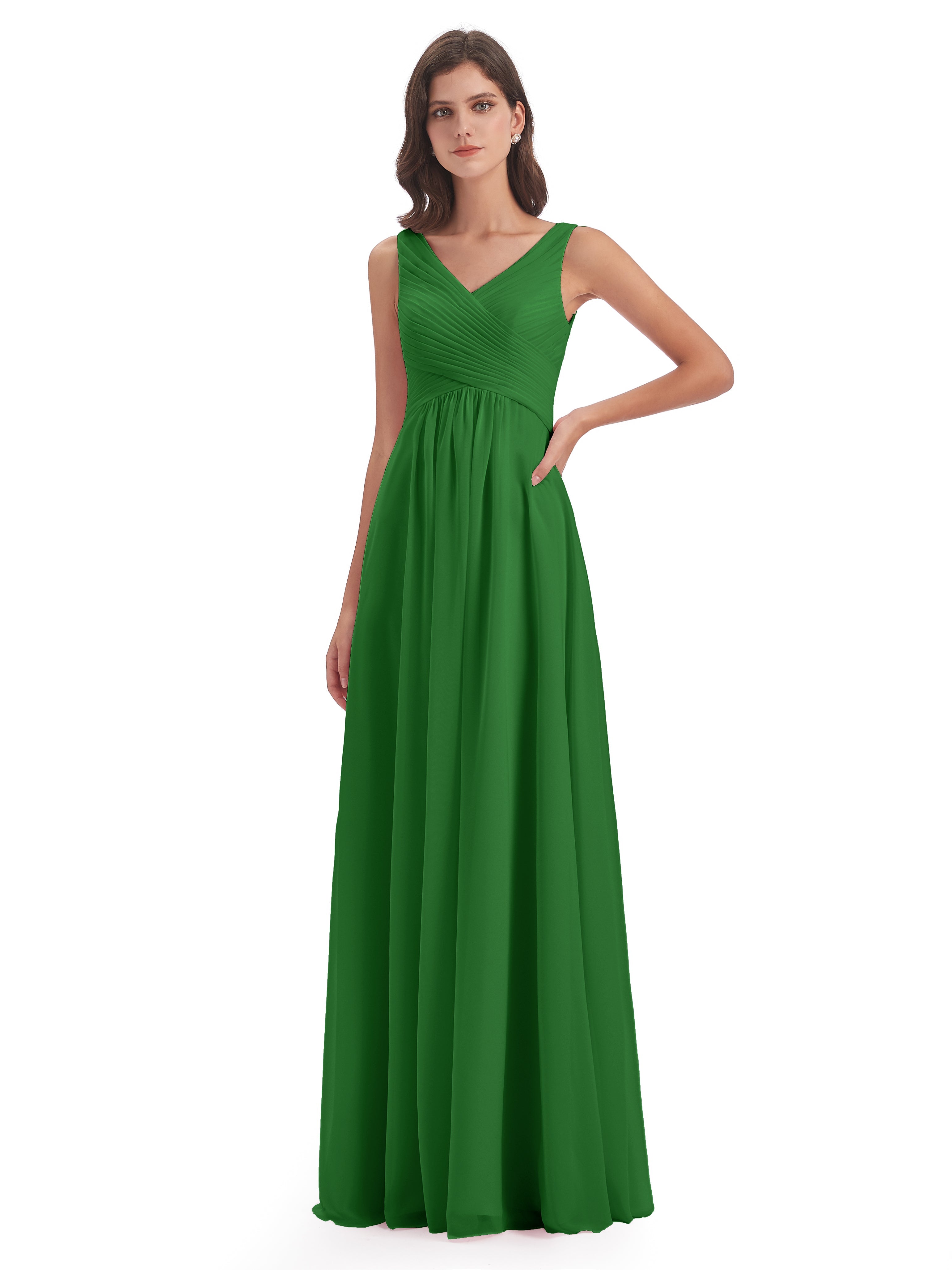 Robe Demoiselle Dhonneur Verte Col V Bretelle Mousseline Robes Demoiselle D'Honneur