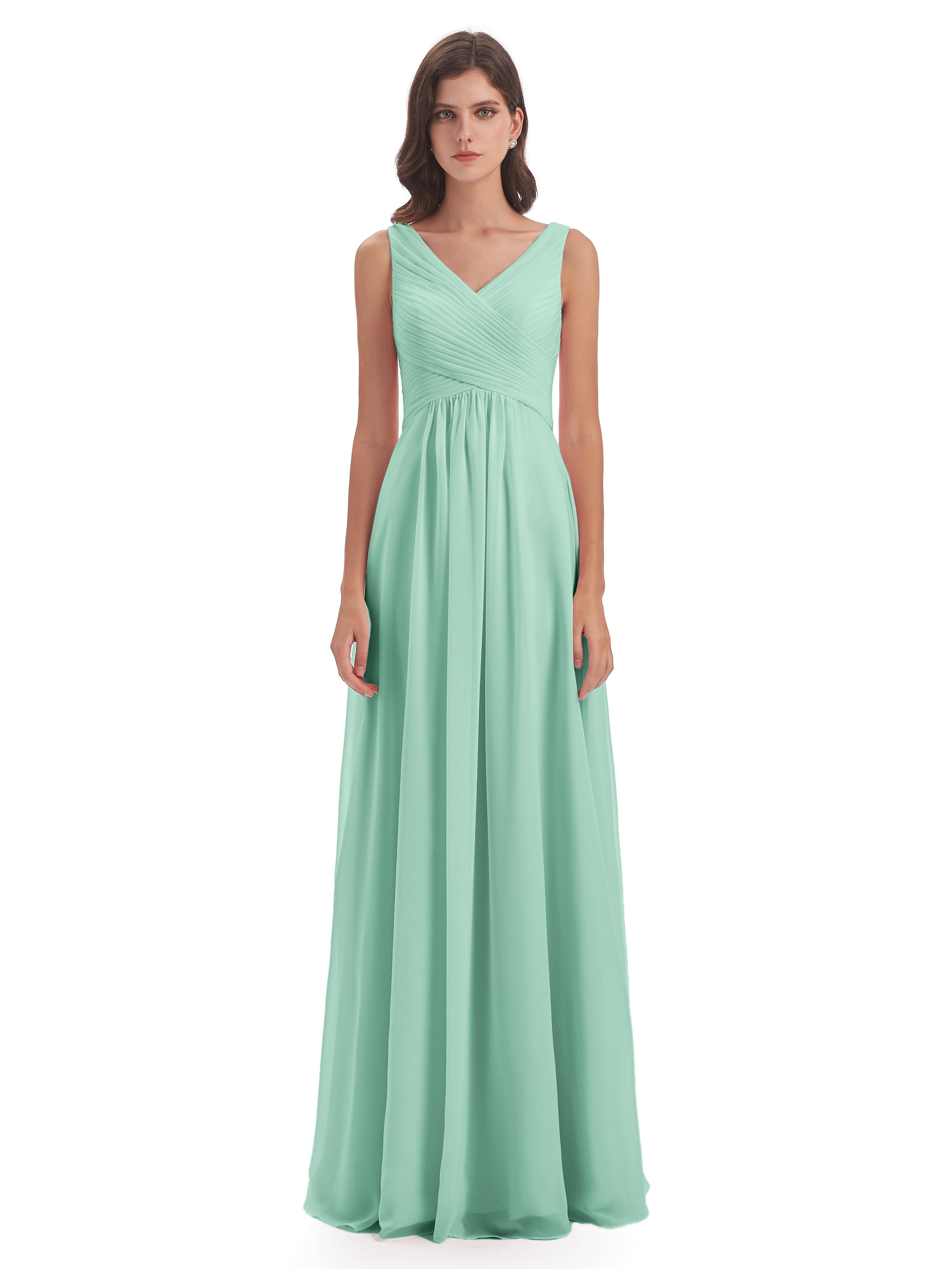 Robes De Demoiselle D'Honneur Vert Menthe Col V Bretelle Mousseline Robes Demoiselle D'Honneur