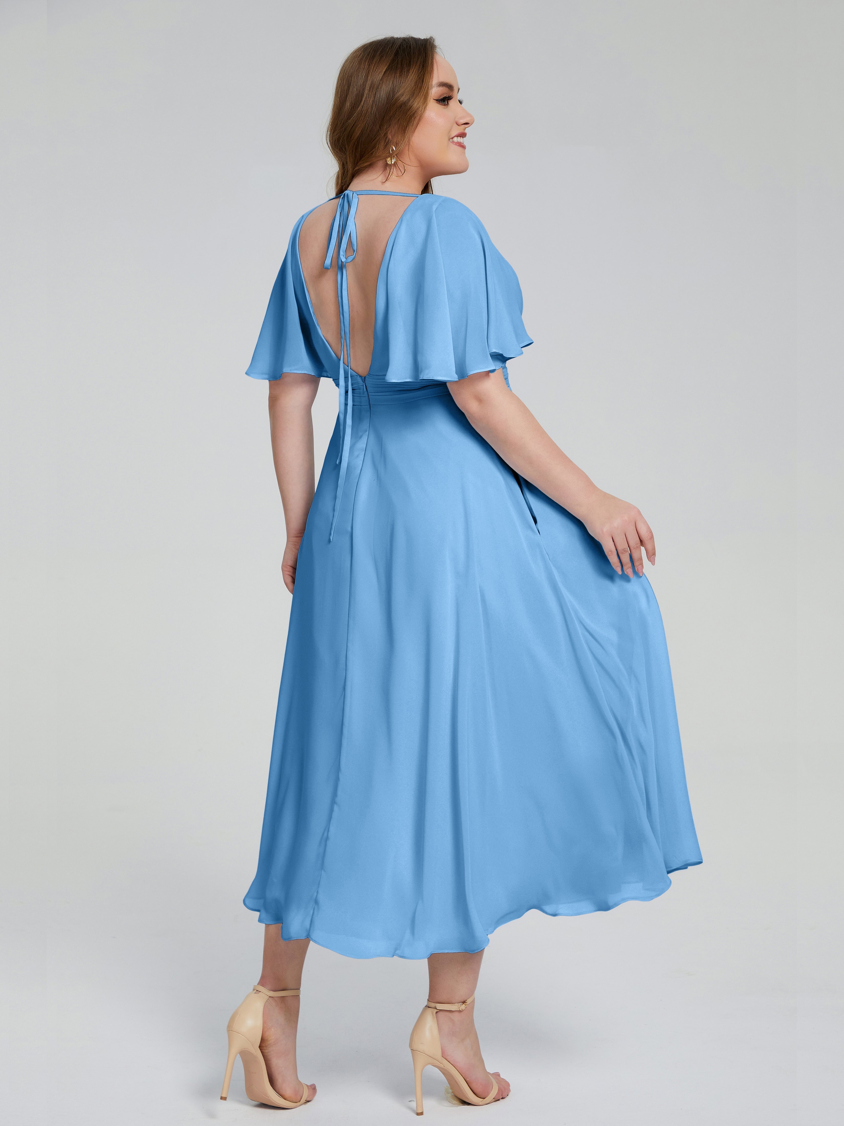 Robe Bleue Demoiselle D Honneur Dos Nu Longueur De Thé Mousseline Robes Demoiselle D'Honneur Grande Taille