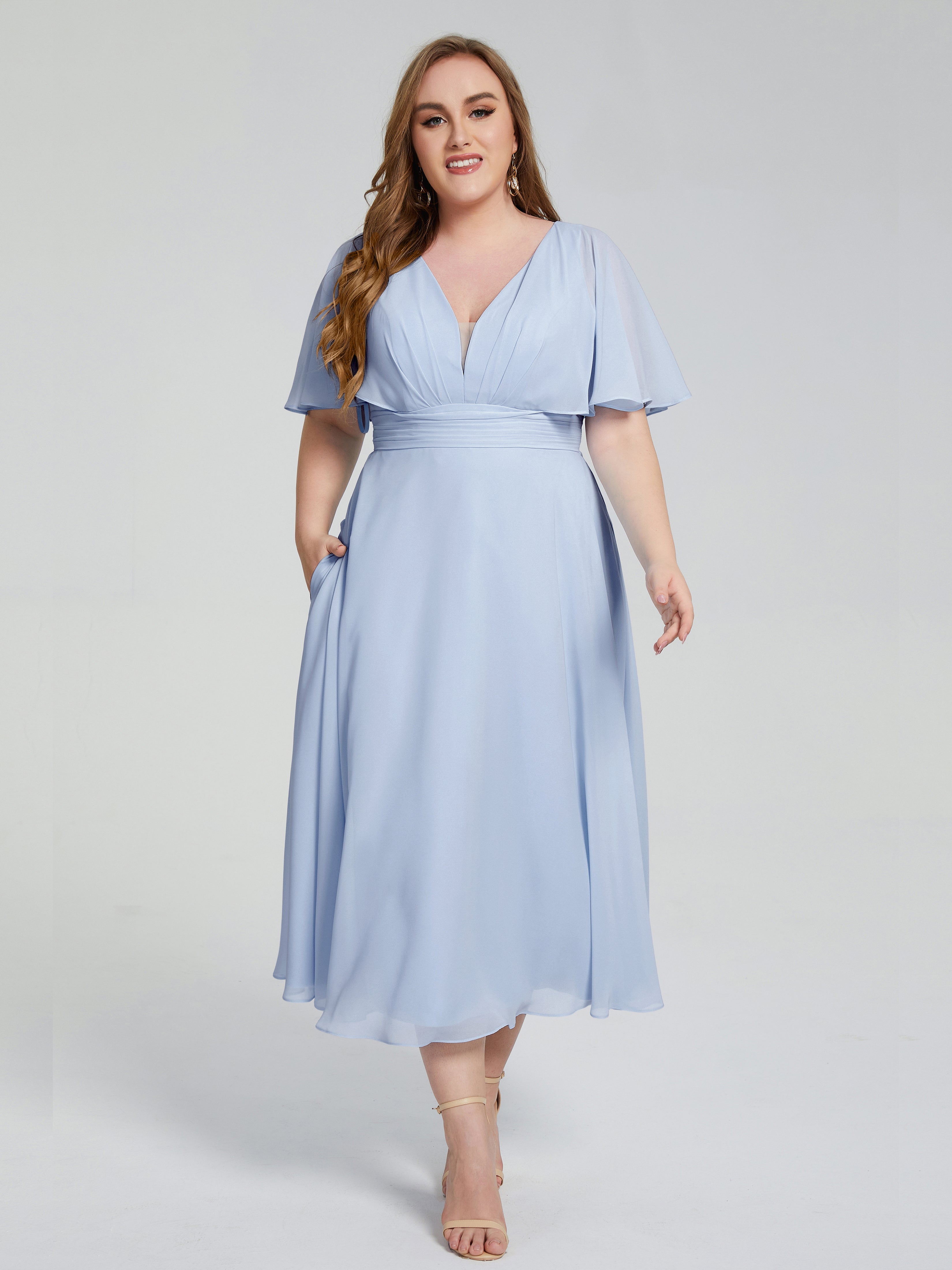 Robe Demoiselle D Honneur Bleu Ciel Dos Nu Longueur De Thé Mousseline Robes Demoiselle D'Honneur Grande Taille
