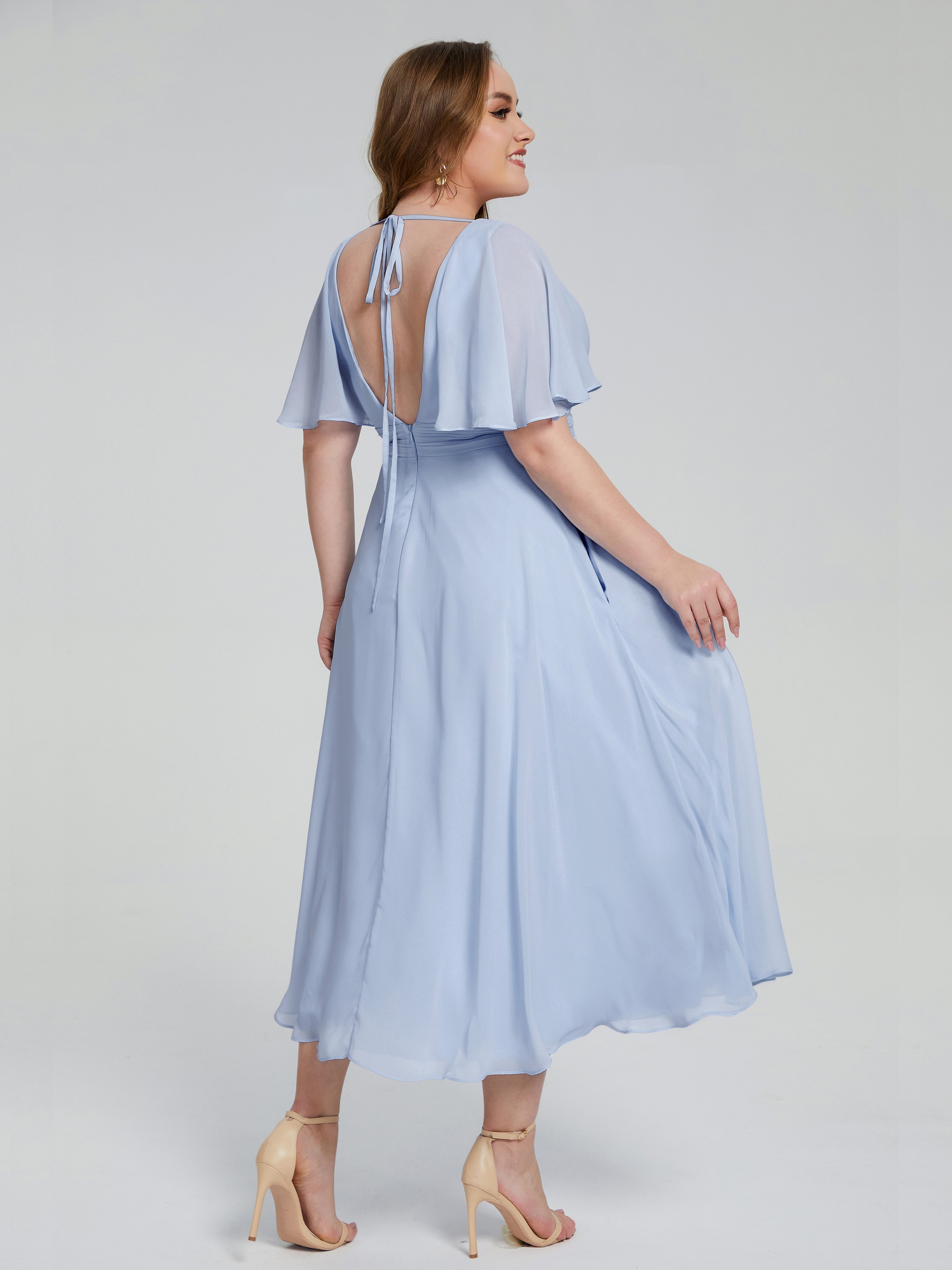 Robe Demoiselle D Honneur Bleu Ciel Dos Nu Longueur De Thé Mousseline Robes Demoiselle D'Honneur Grande Taille