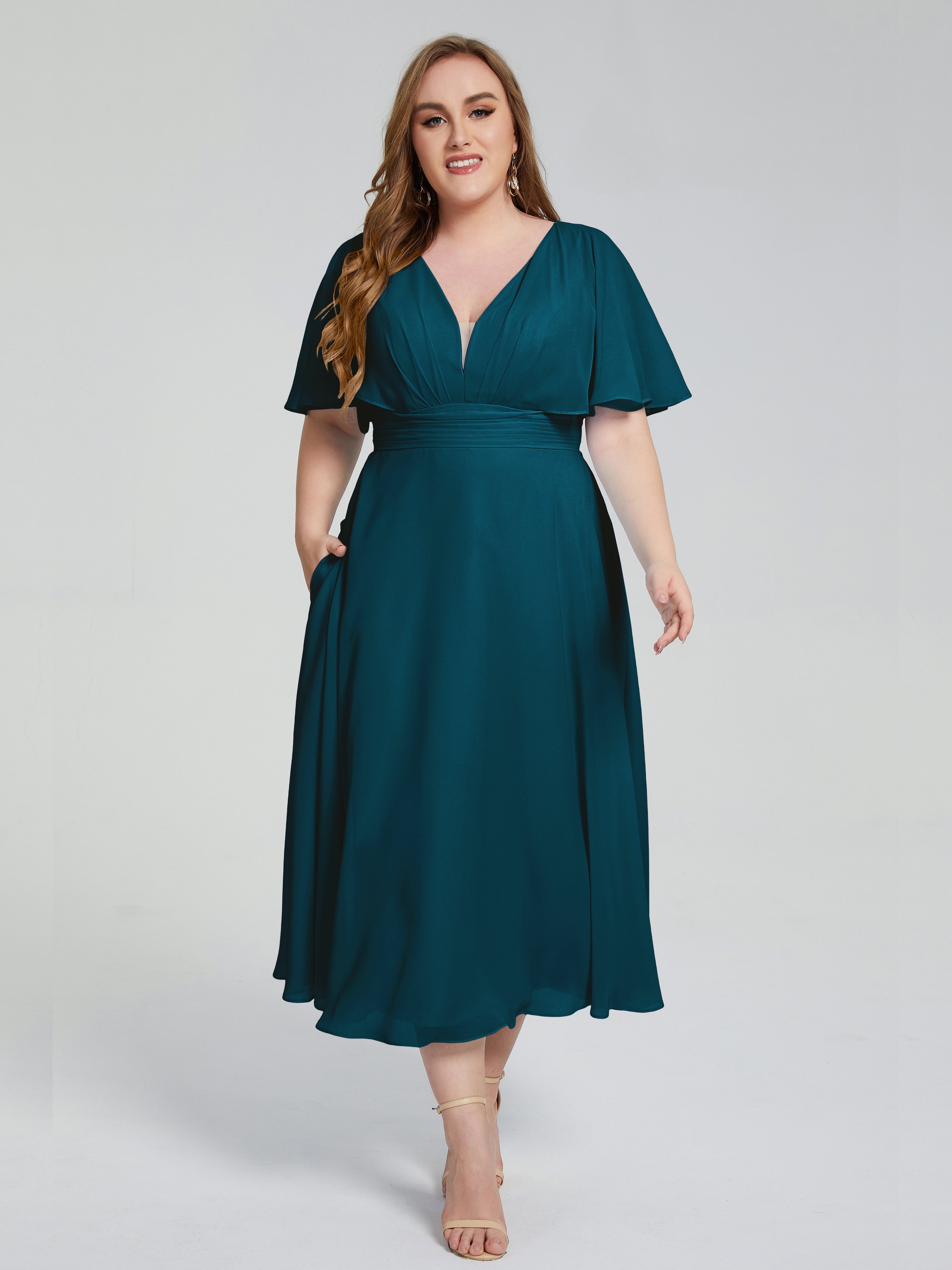 Robe De Demoiselle D'Honneur Bleu Encre Dos Nu Longueur De Thé Mousseline Robes Demoiselle D'Honneur Grande Taille
