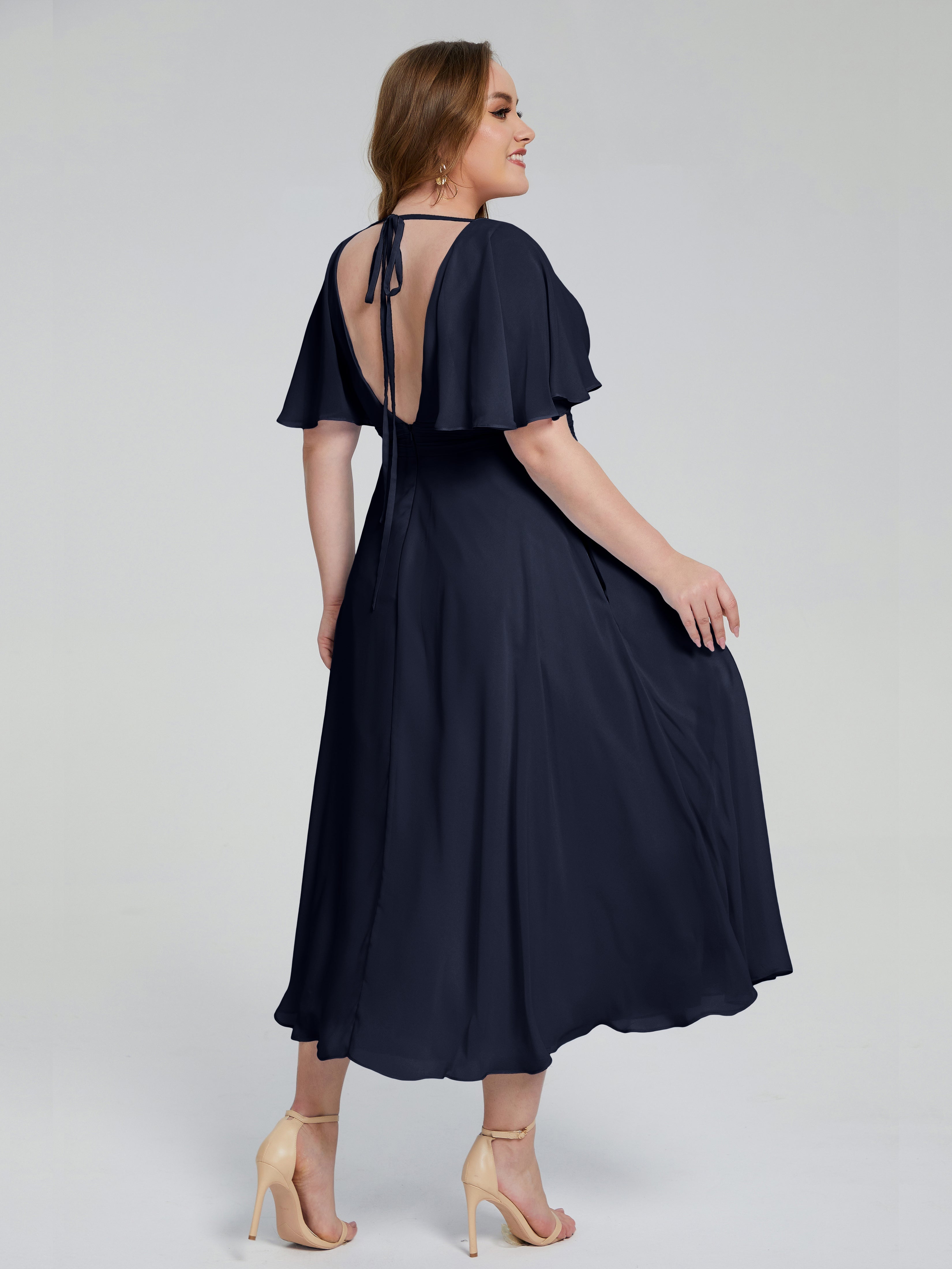 Robes De Demoiselle D'Honneur Bleu Marine Foncé Dos Nu Longueur De Thé Mousseline Robes Demoiselle D'Honneur Grande Taille