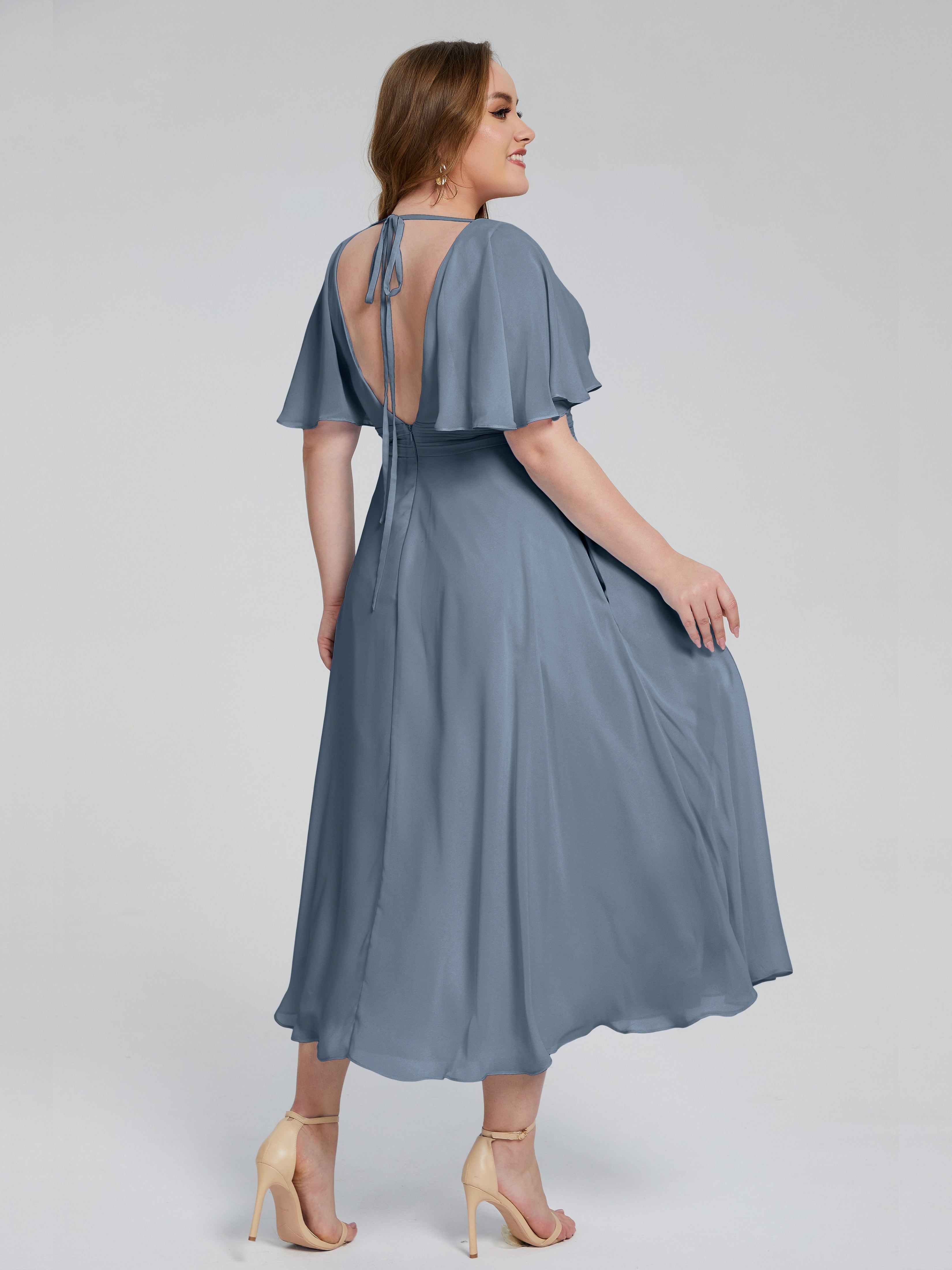 Robes De Demoiselle D'Honneur Bleu Gris Dos Nu Longueur De Thé Mousseline Robes Demoiselle D'Honneur Grande Taille