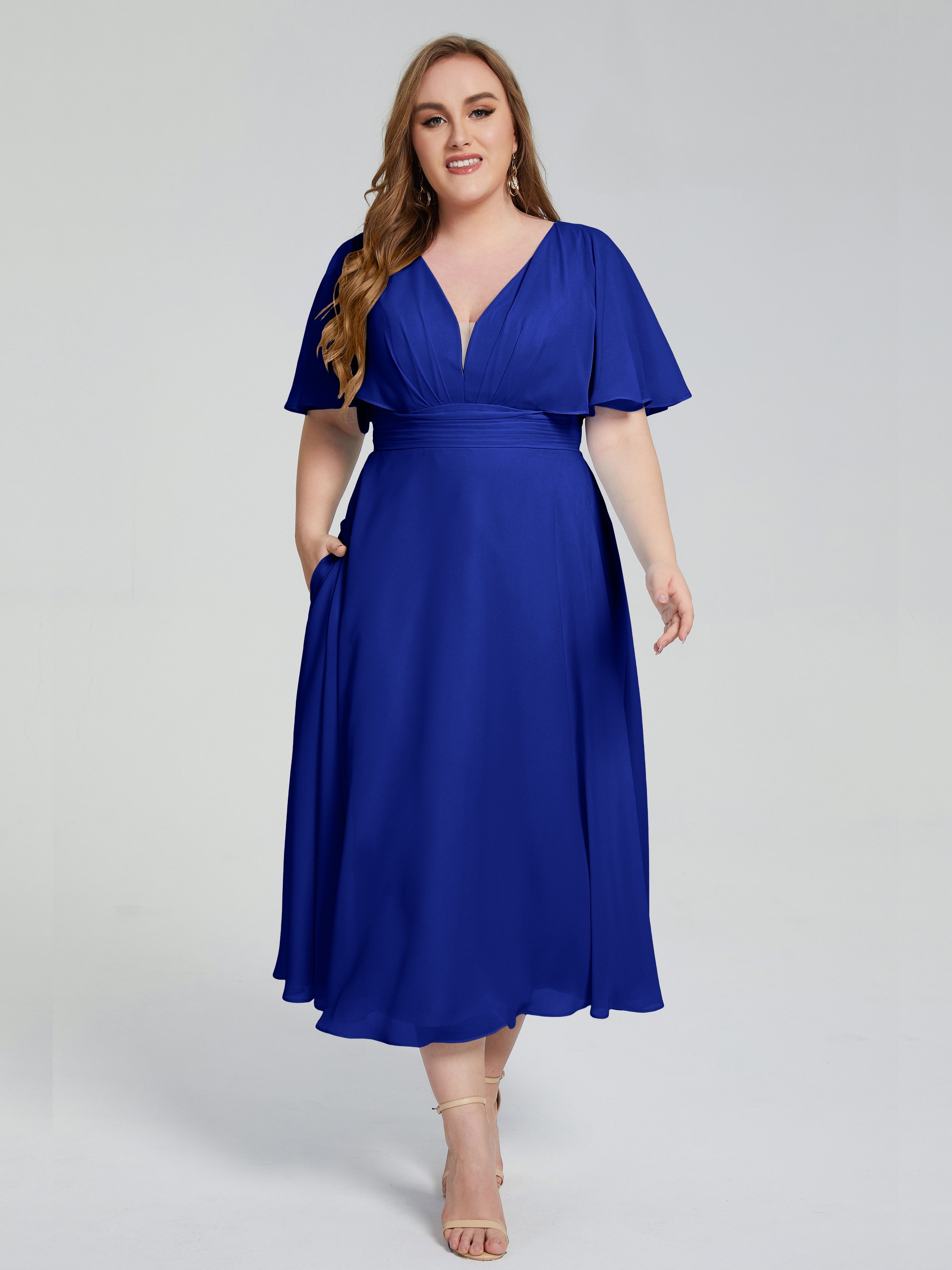 Robes De Demoiselle D'Honneur Bleu Royal Longues Dos Nu Longueur De Thé Mousseline Robes Demoiselle D'Honneur Grande Taille