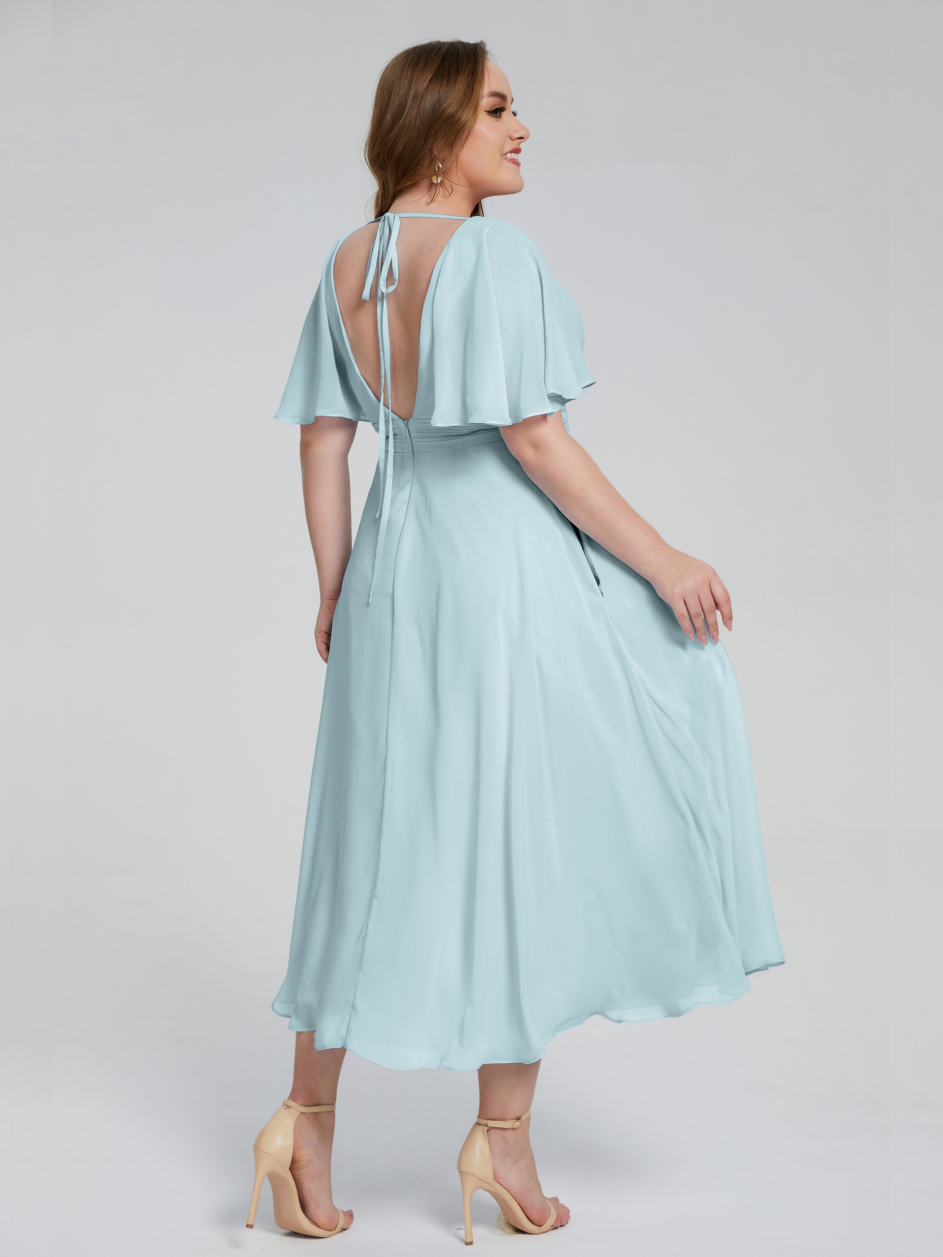 Robe De Demoiselle D'Honneur Brume Dos Nu Longueur De Thé Mousseline Robes Demoiselle D'Honneur Grande Taille