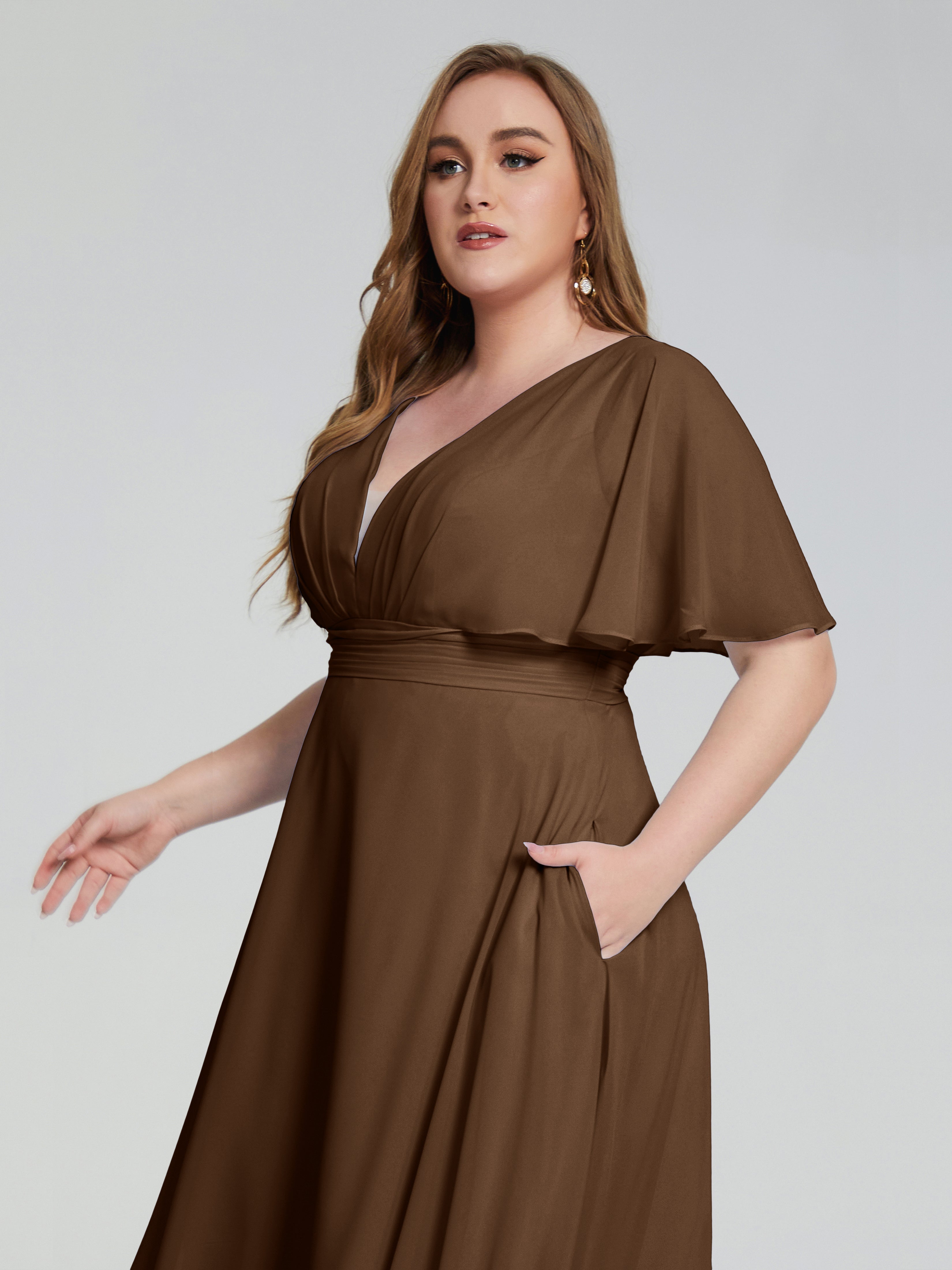 Robes De Demoiselle D'Honneur Brun Dos Nu Longueur De Thé Mousseline Robes Demoiselle D'Honneur Grande Taille