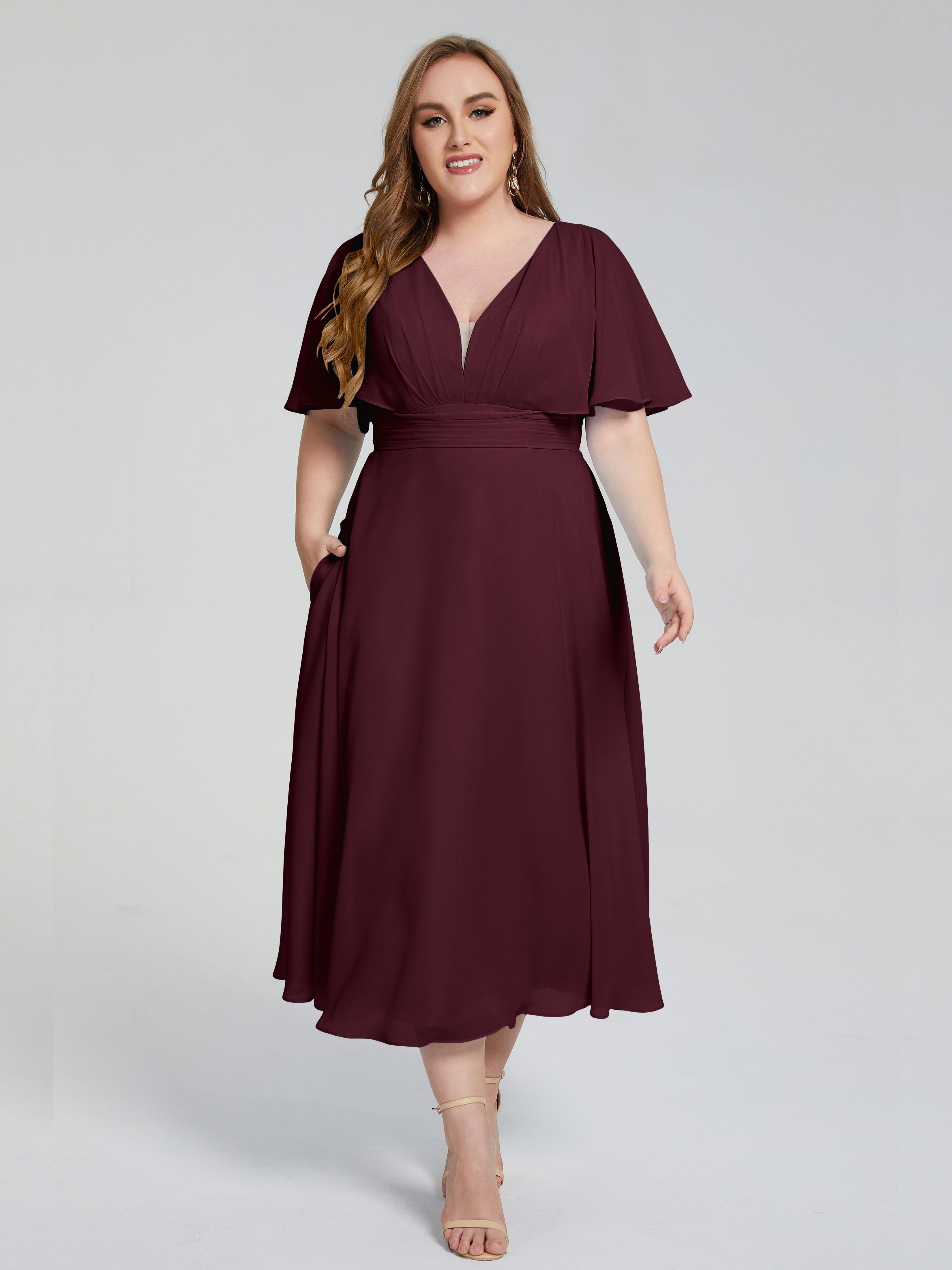 Robes De Demoiselle D'Honneur Cabernet Dos Nu Longueur De Thé Mousseline Robes Demoiselle D'Honneur Grande Taille