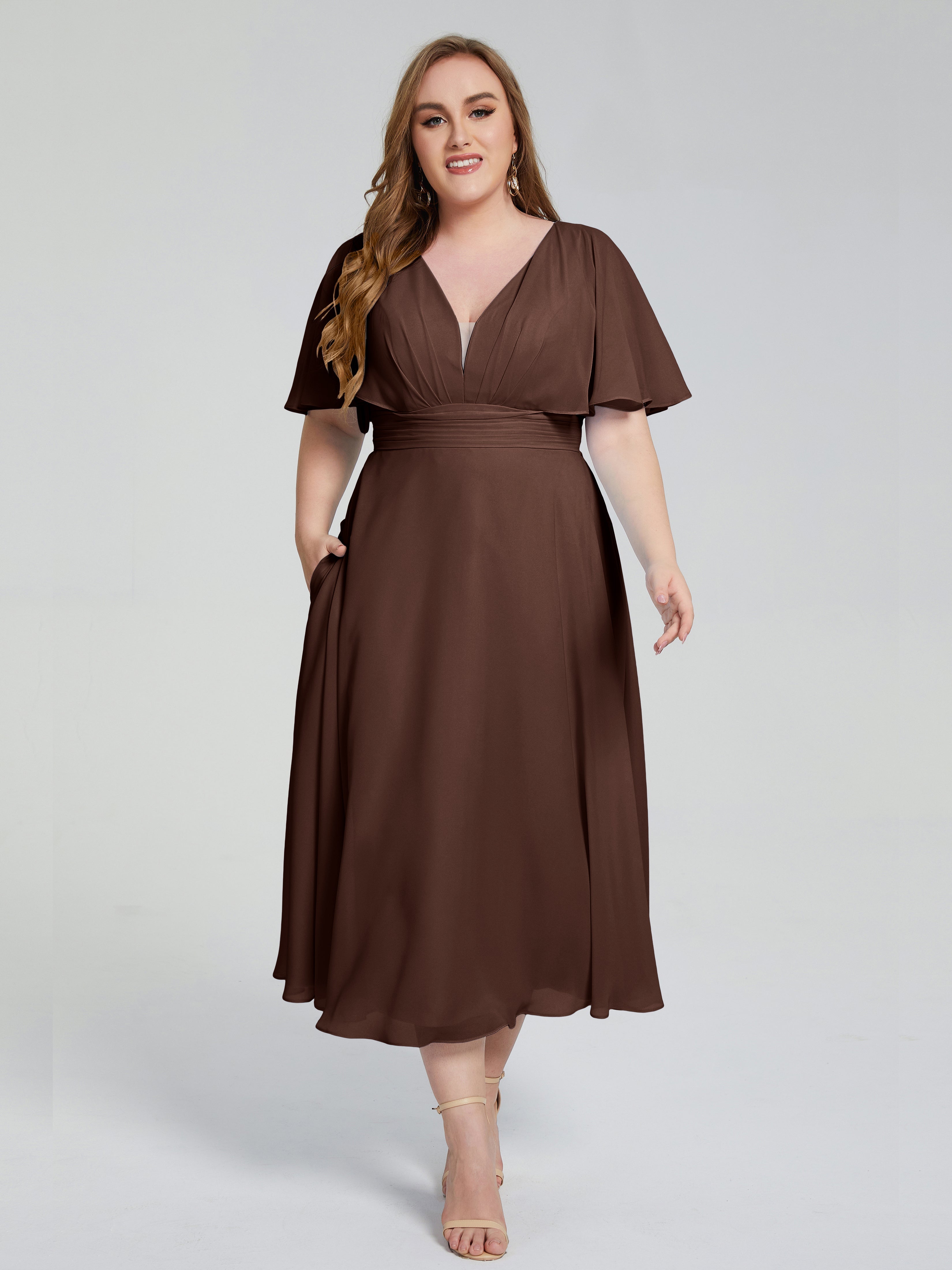 Robe Marron Chocolat Demoiselle D Honneur Dos Nu Longueur De Thé Mousseline Robes Demoiselle D'Honneur Grande Taille