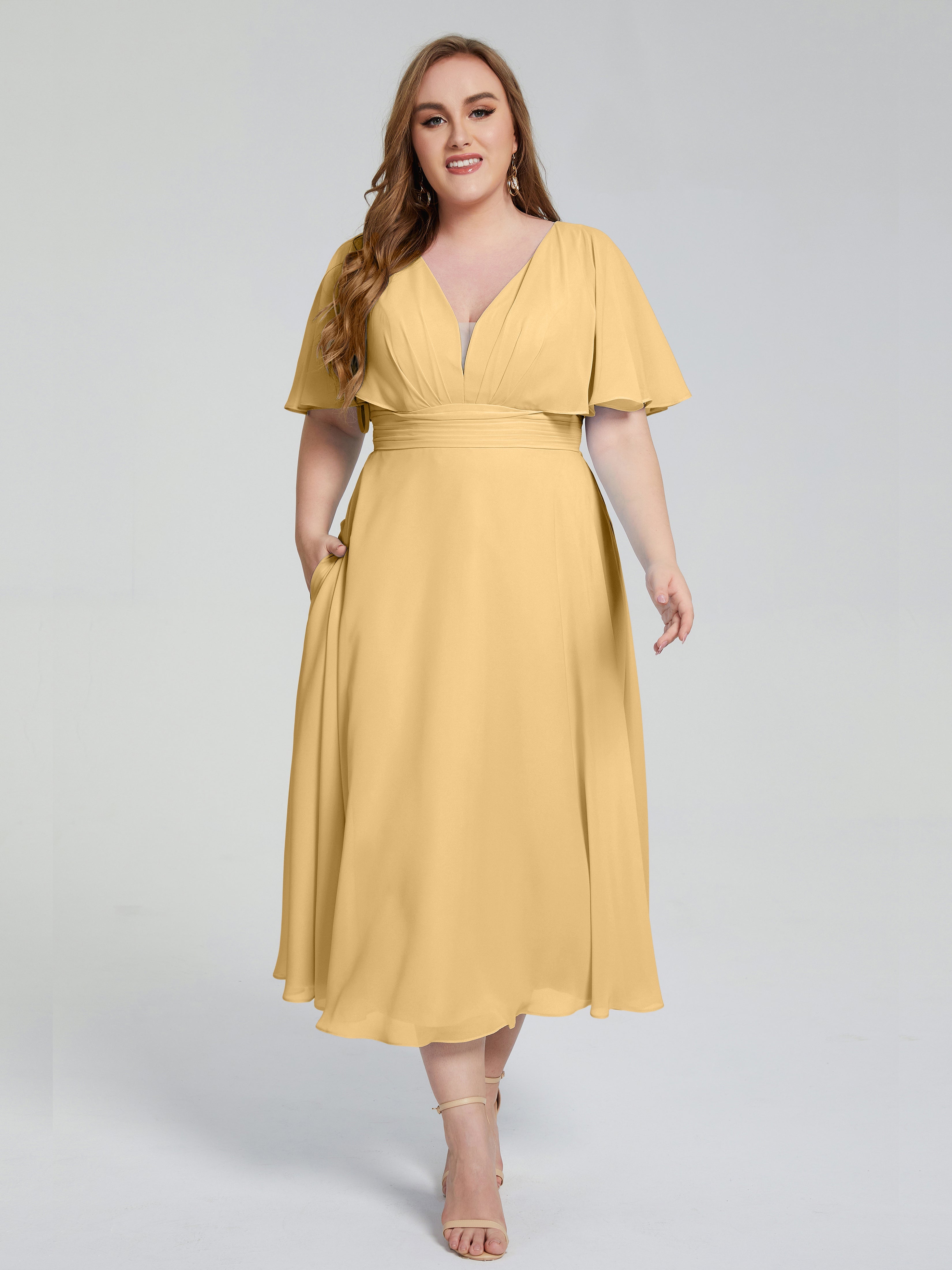 Longues Robes De Demoiselle D'Honneur En Or Dos Nu Mousseline Robes Demoiselle D'Honneur Grande Taille