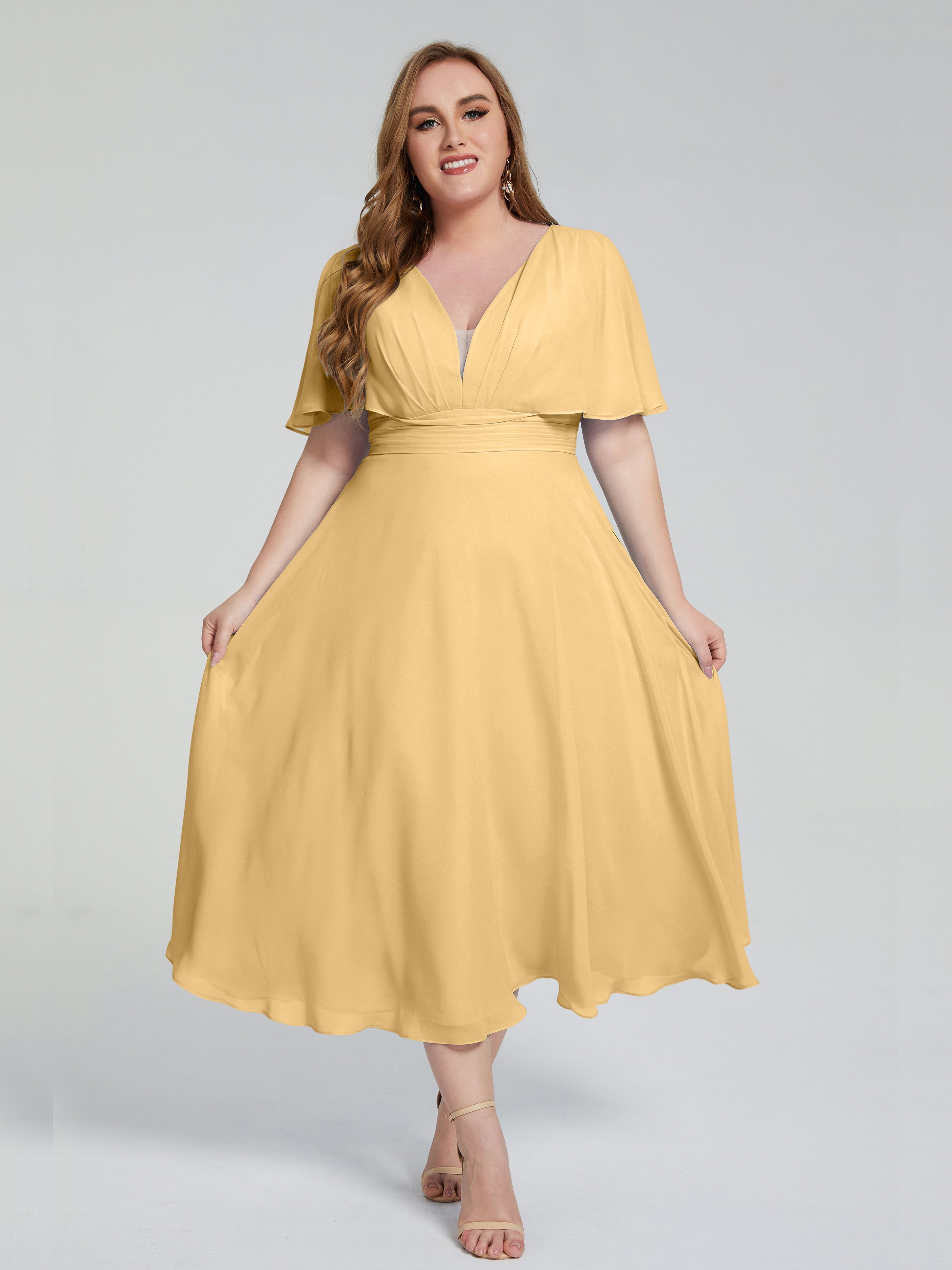 Longues Robes De Demoiselle D'Honneur En Or Dos Nu Mousseline Robes Demoiselle D'Honneur Grande Taille