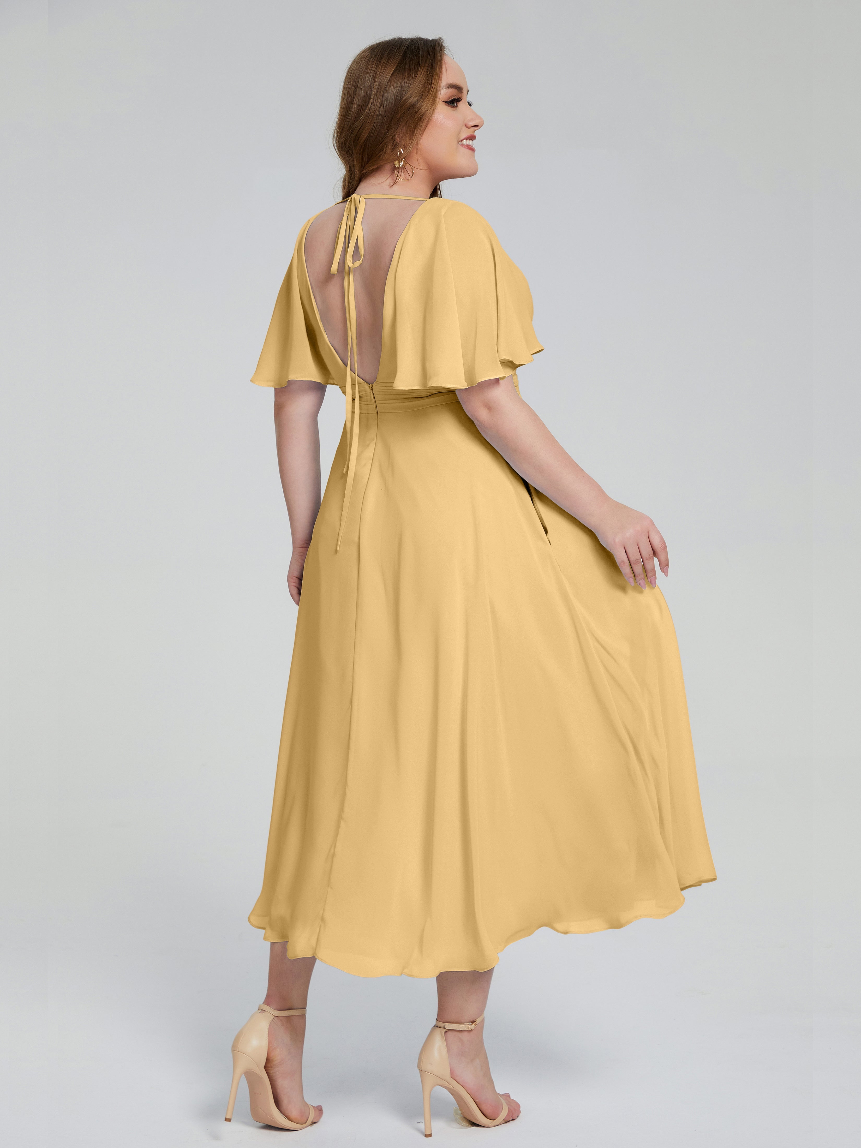 Longues Robes De Demoiselle D'Honneur En Or Dos Nu Mousseline Robes Demoiselle D'Honneur Grande Taille