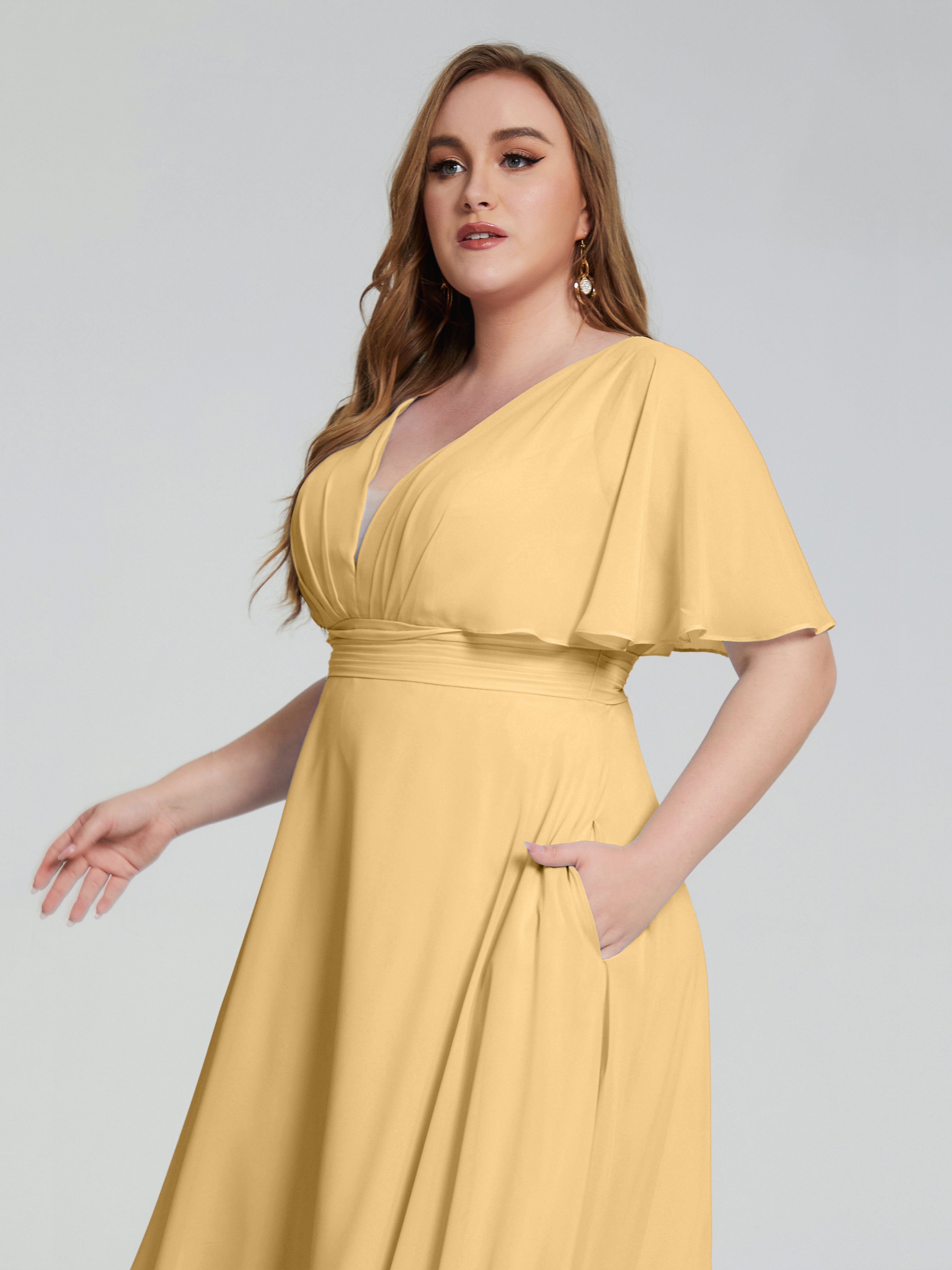 Longues Robes De Demoiselle D'Honneur En Or Dos Nu Mousseline Robes Demoiselle D'Honneur Grande Taille